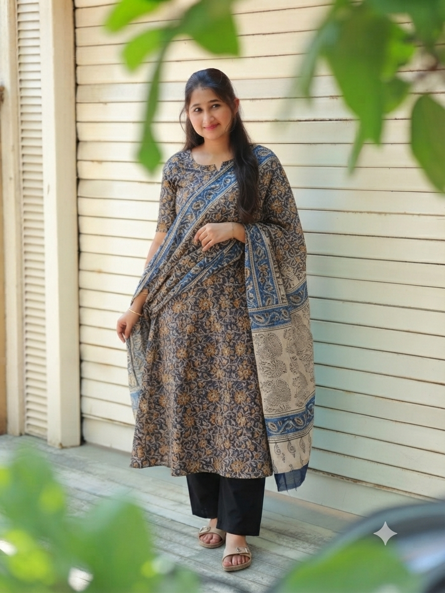 Block printed kalamkari cotton Maternity 2 pc chudidhar set [ Top with center side zip, and dupatta - Leaf red kalamkari (A line top) - flower navy kalamkari
