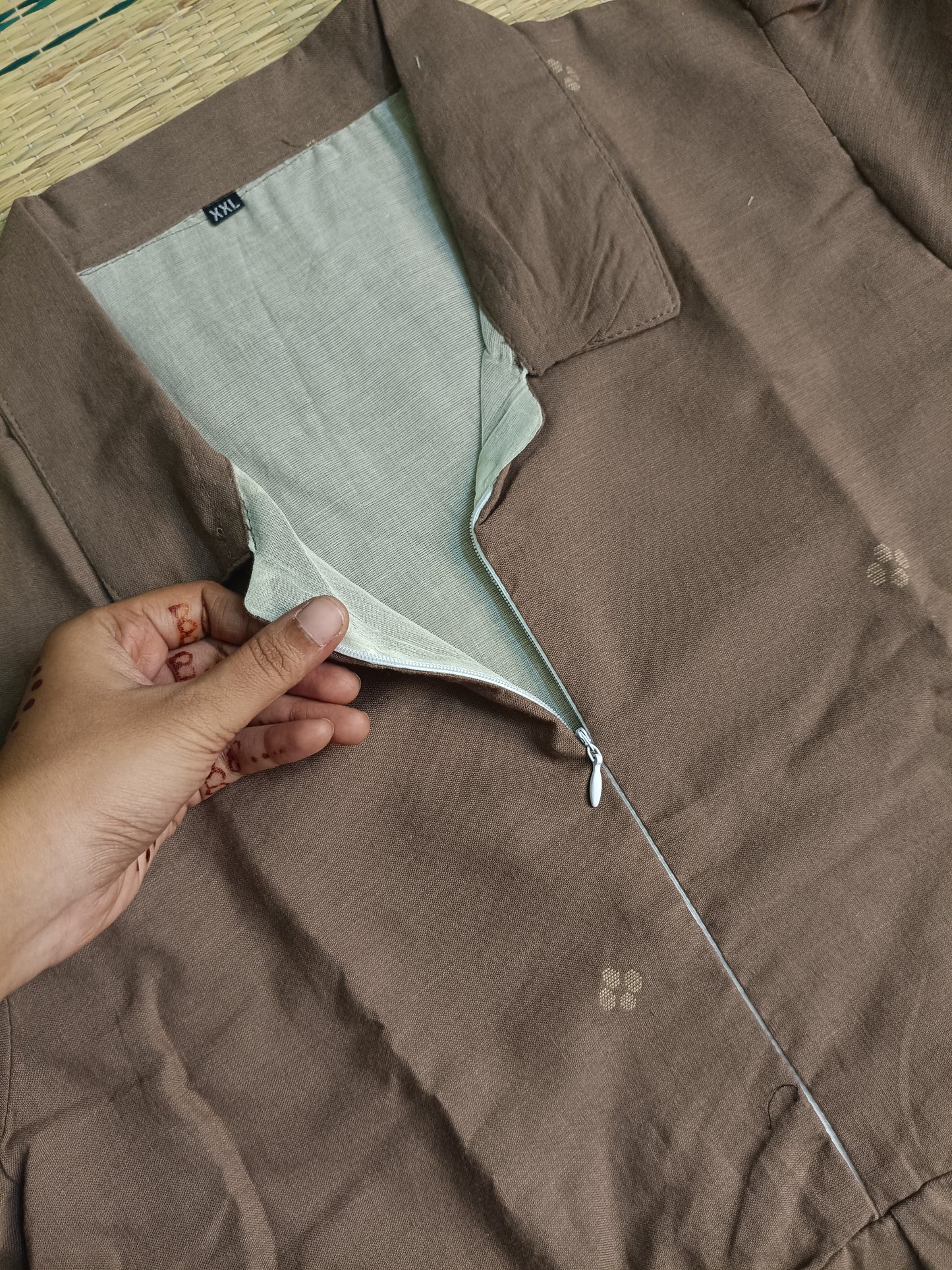 Prewashed Handloom Jamdani - Maternity / Feeding - Maxi/Gown - Cotton Lining - Center zip- Collar Mocha Brown
