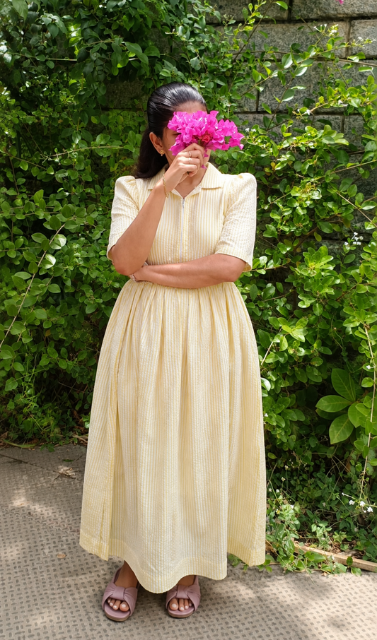 Popcorn Cotton - Feeding/ Maternity Maxi/Gown - Cotton lining /Center zip -Collar White with Yellow stripe