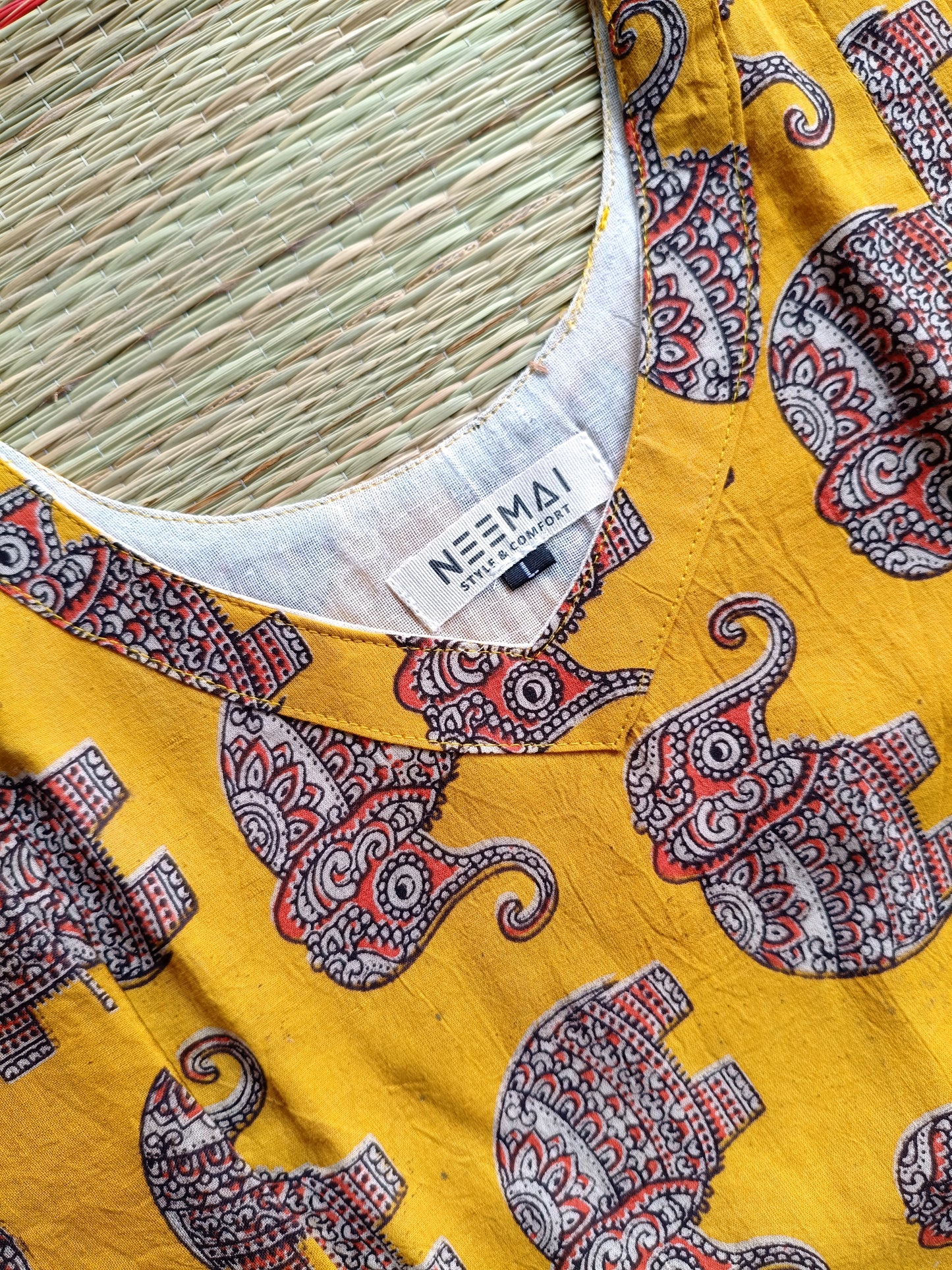Block printed kalamkari cotton Maternity 2 pc chudidhar set [ Top with double side zip, and dupatta - Yellow elephant