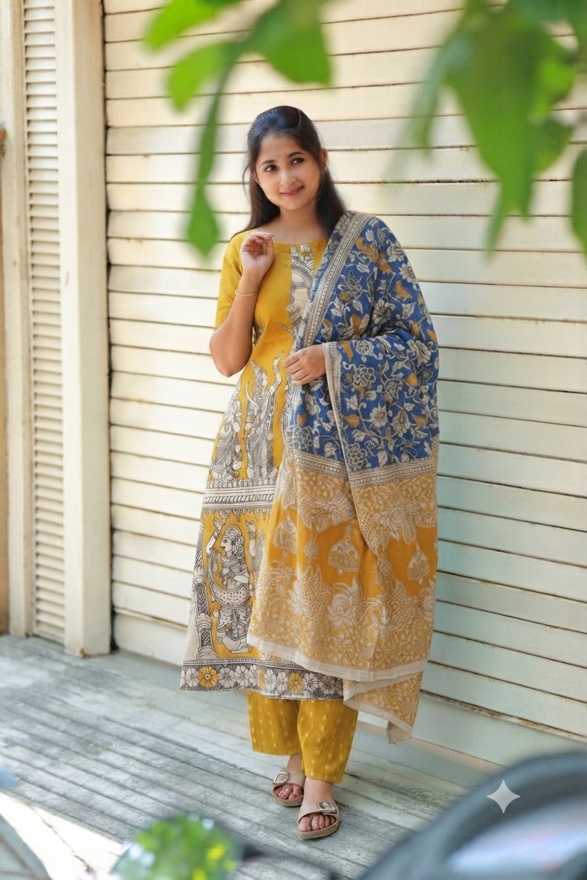 Block printed kalamkari cotton Maternity 2 pc chudidhar set [ Top with center side zip, and dupatta -  Yellow