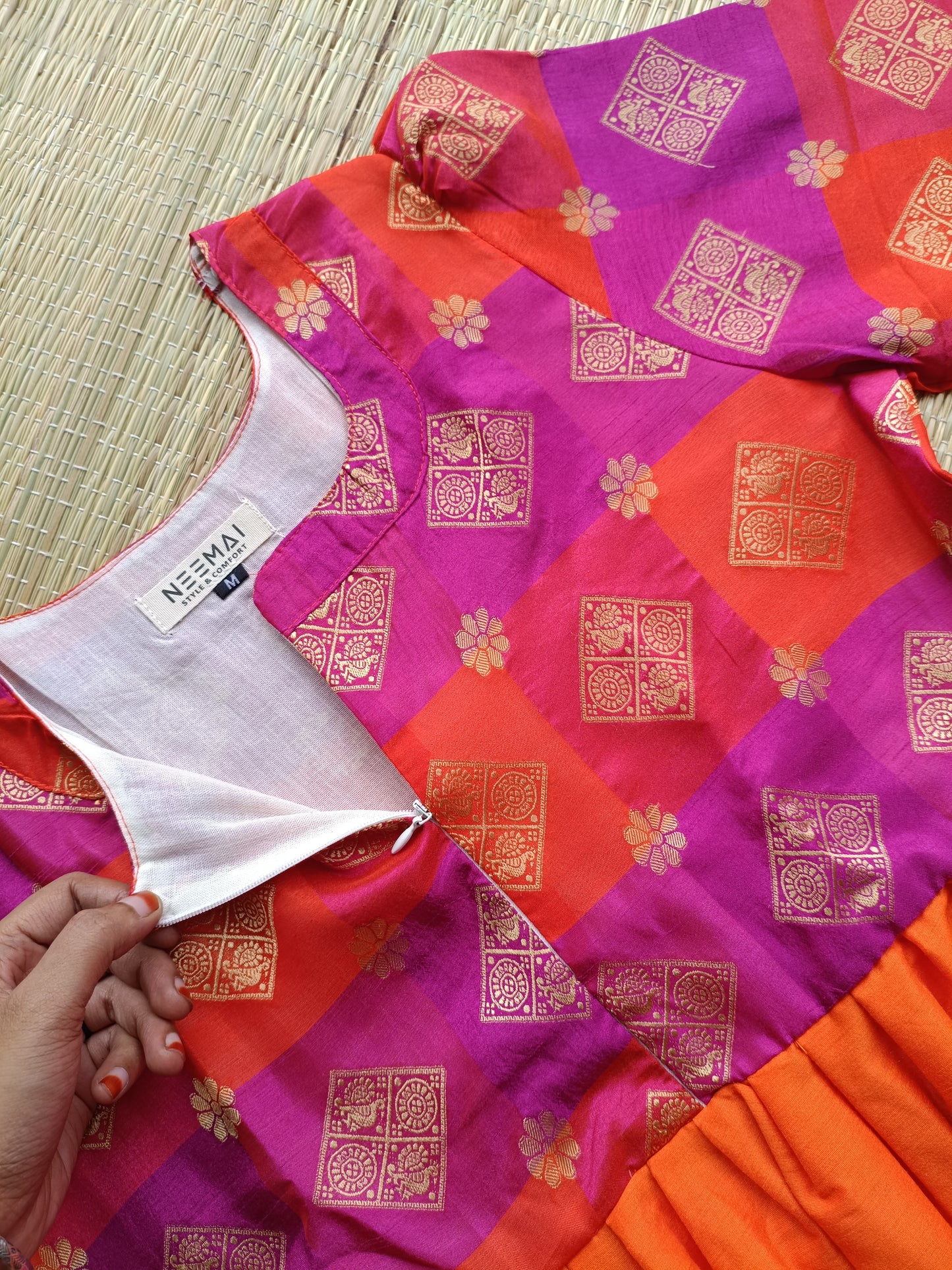 Raw silk Maternity Maxi/Gown in center zip - Festival Collection- Full cotton lining - Fanta orange