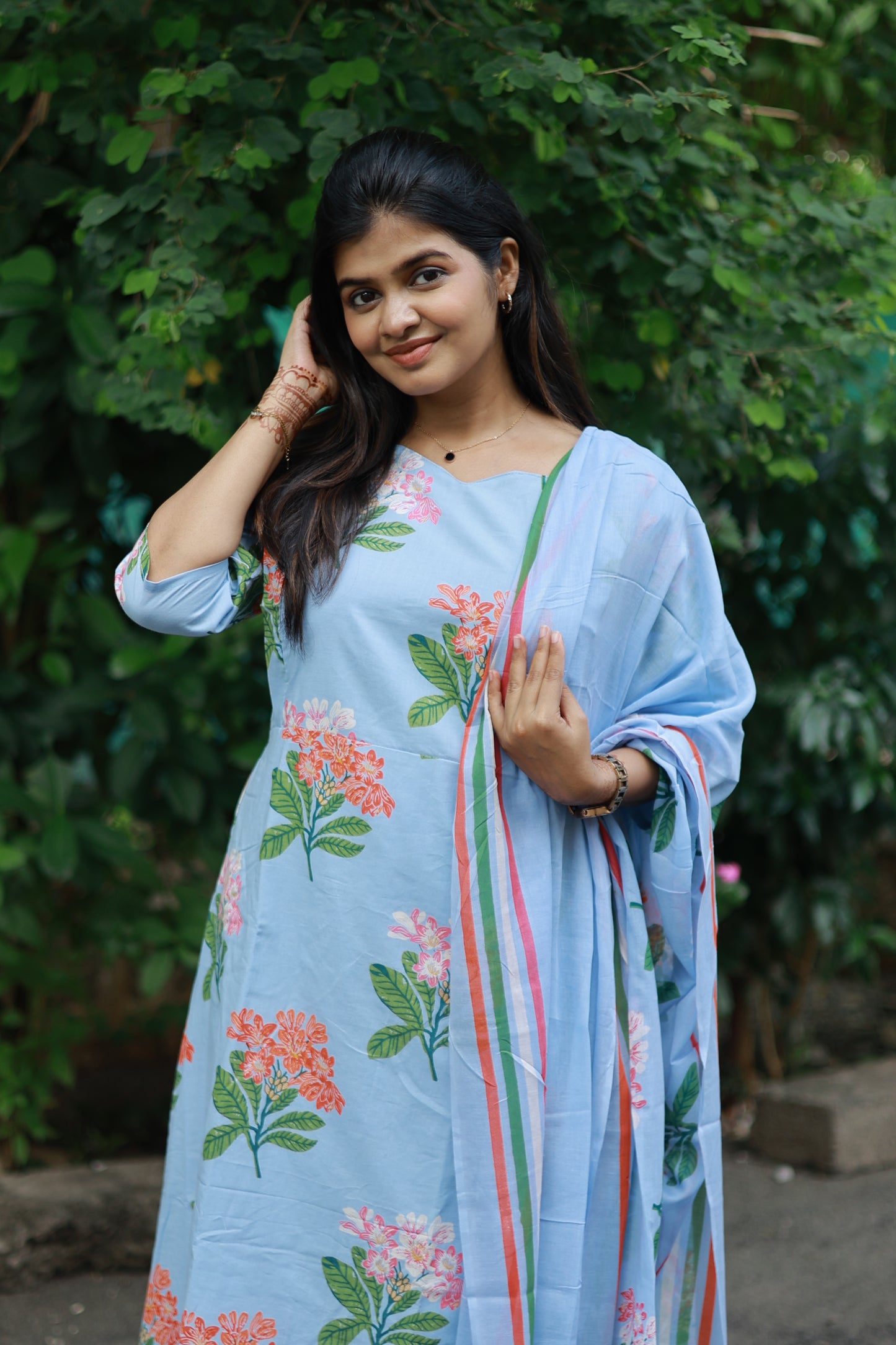 Cotton /Maternity 3 pc chudidhar set [ A line Top with double side zip, pant and dupatta] -Blue with orange flower ( No side open top)