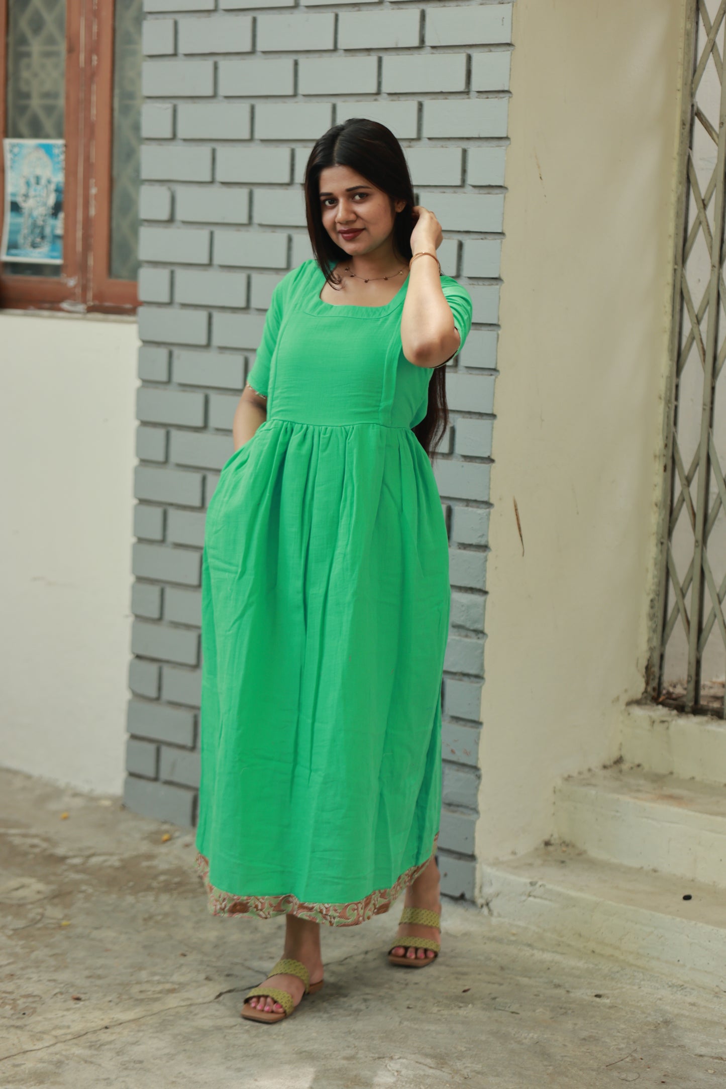 Premium Muslin- Feeding/ Maternity Maxi/Gown - Cotton lining /Double side zip - Parrot Green