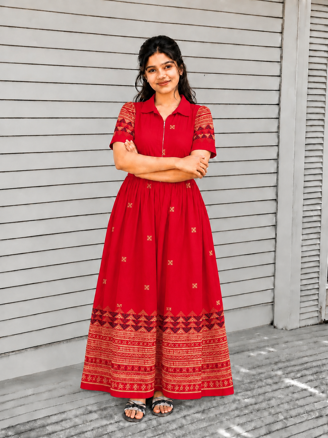 Handloom Jamdani - Maternity / Feeding - Maxi/Gown - Cotton Lining - Center zip- Collar Red and sandal