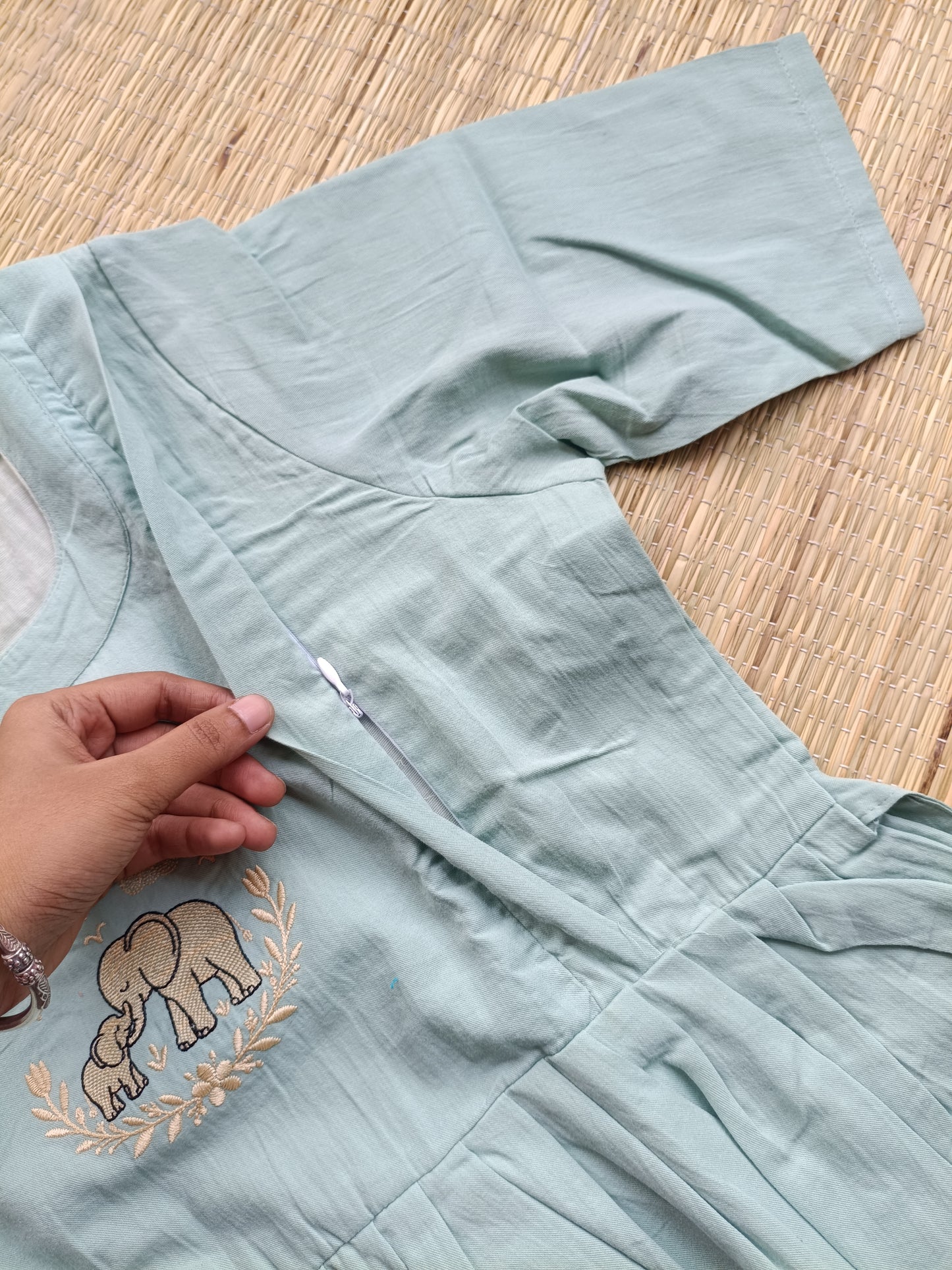 Premium Cotton Maternity Feeding Dress –Pastel  Green/Double Side Nursing Zip( elephant embroidery Design)