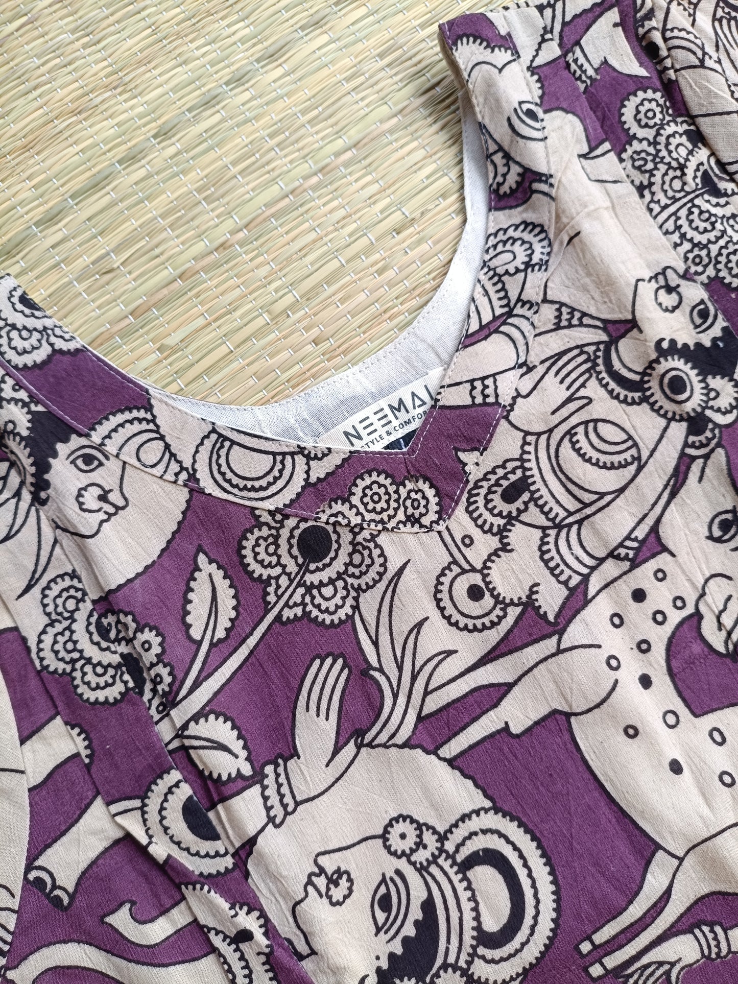 Block printed kalamkari cotton Maternity 2 pc chudidhar set [ Top with double side zip, and dupatta - Yazhi violet