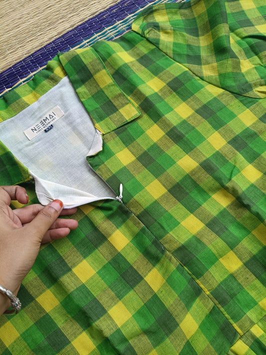 Madras checks Cotton - Feeding/ Maternity Maxi/Gown - Cotton lining /Center zip -Small check green
