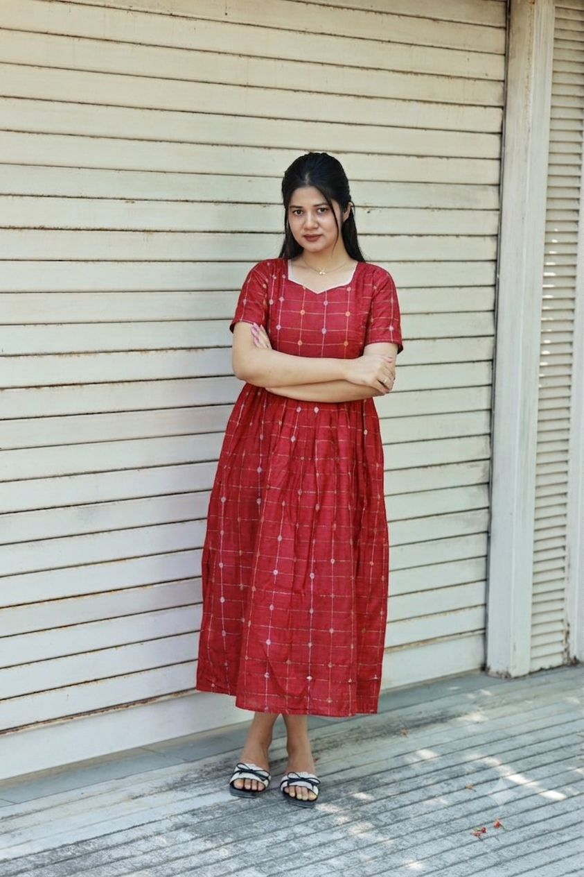 Raw silk Maternity Maxi/Gown - Festival Collection - Red checks with gold and silver zari