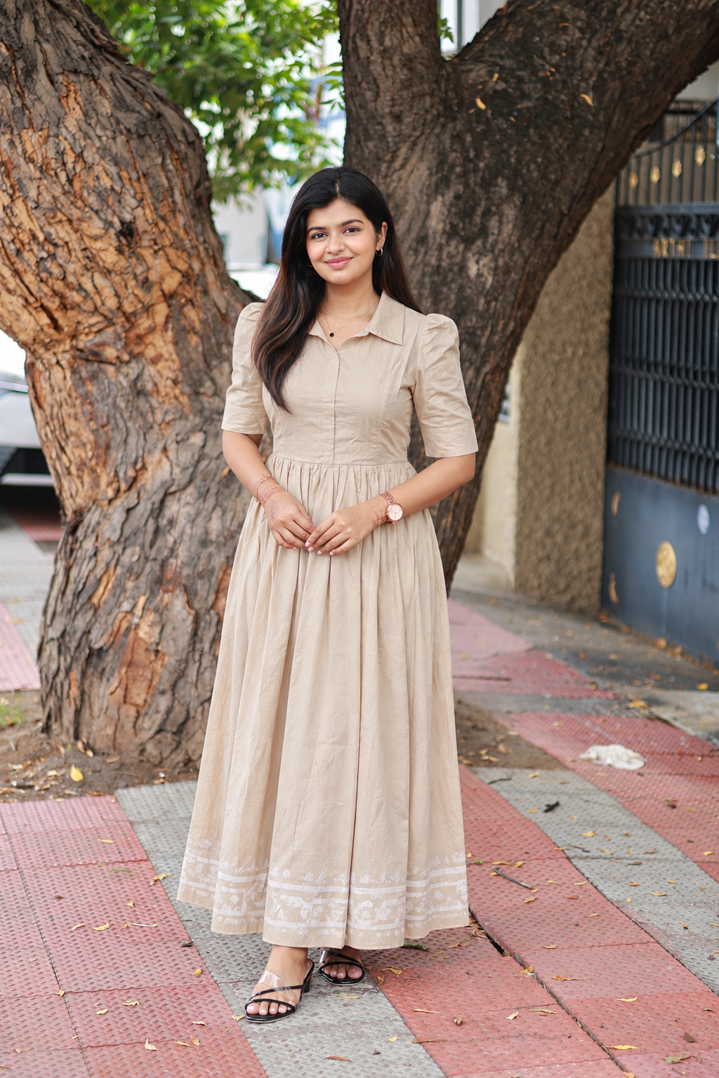 Prewashed Handloom Jamdani - Maternity / Feeding - Maxi/Gown - Cotton Lining - Center zip- Collar Half white
