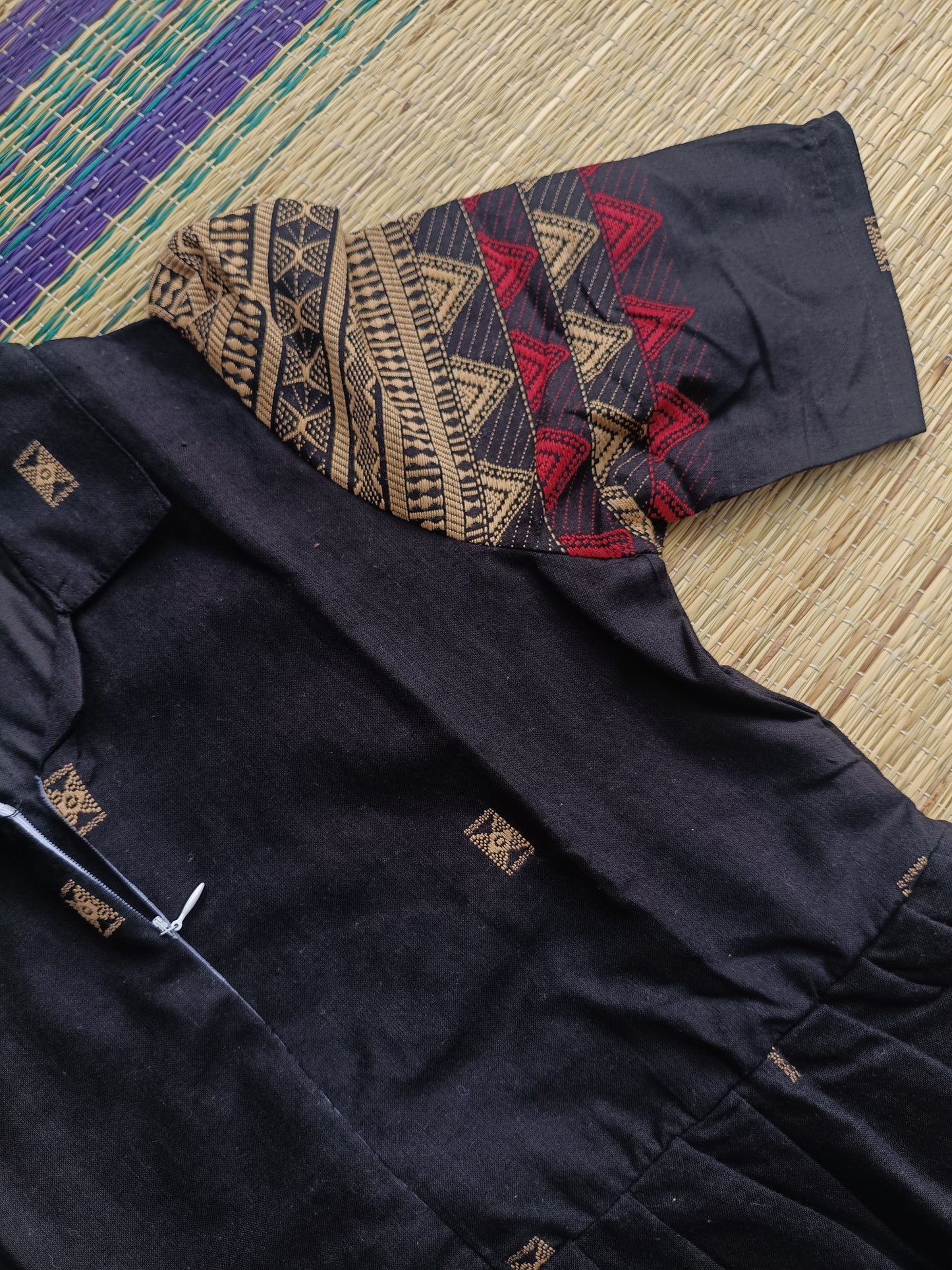 Handloom Jamdani - Maternity / Feeding - Maxi/Gown - Cotton Lining - Center zip- Collar black and Sandal