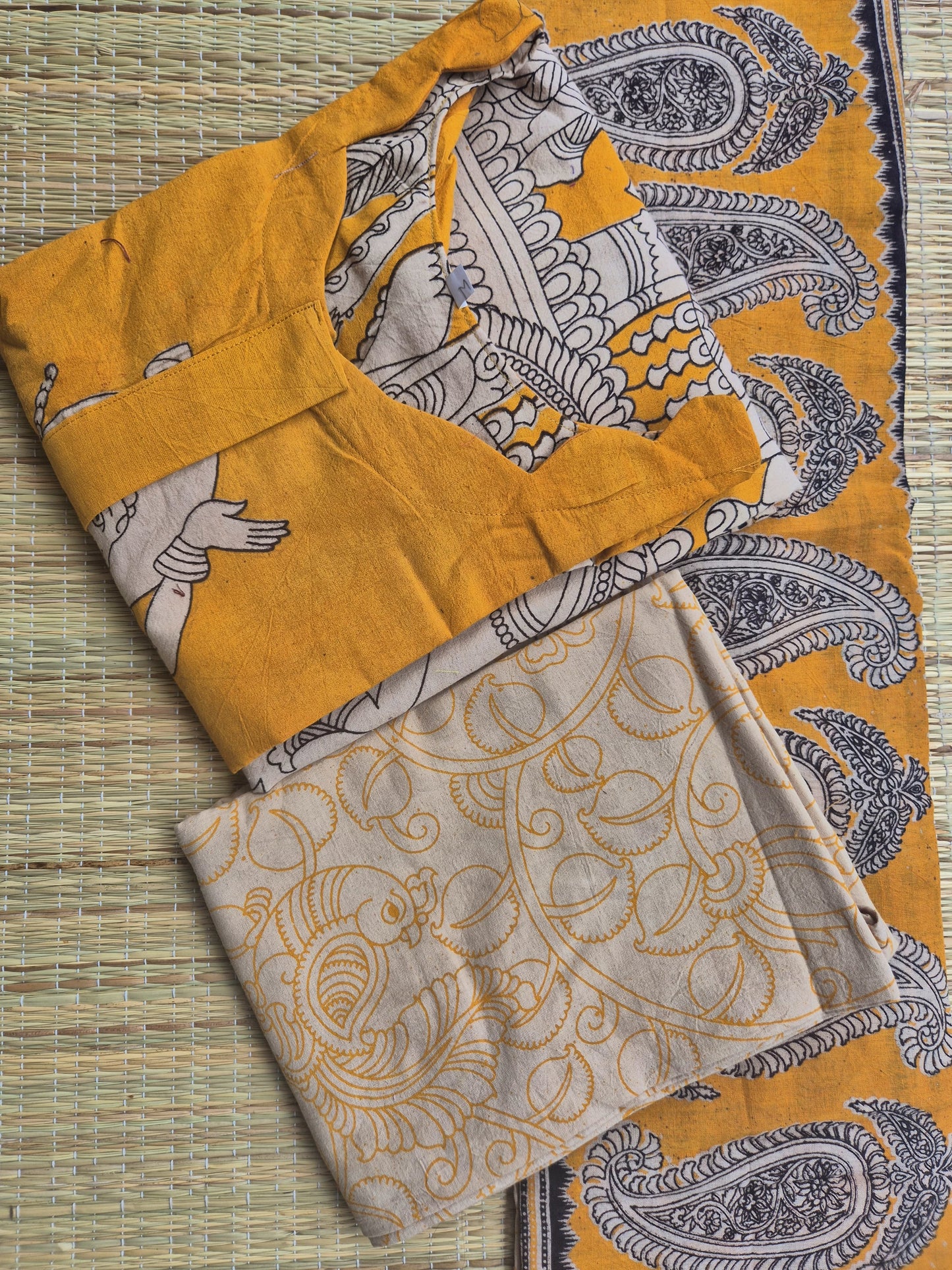 Block printed kalamkari cotton Maternity 3 pc chudidhar set [ Top with center zip, Pant and dupatta - Yellow ( A line kurti -No side open)
