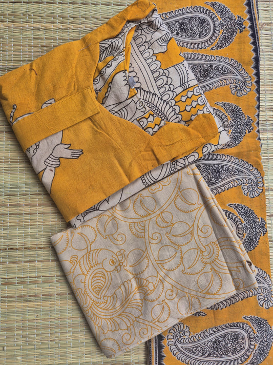 Block printed kalamkari cotton Maternity 3 pc chudidhar set [ Top with center zip, Pant and dupatta - Yellow ( A line kurti -No side open)