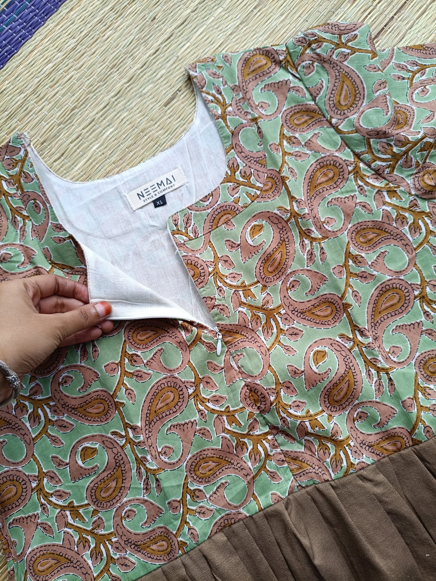 Cotton / Raw silk Maternity Maxi/Gown in center zip - Festival Collection- Full cotton lining -Brown with Light green