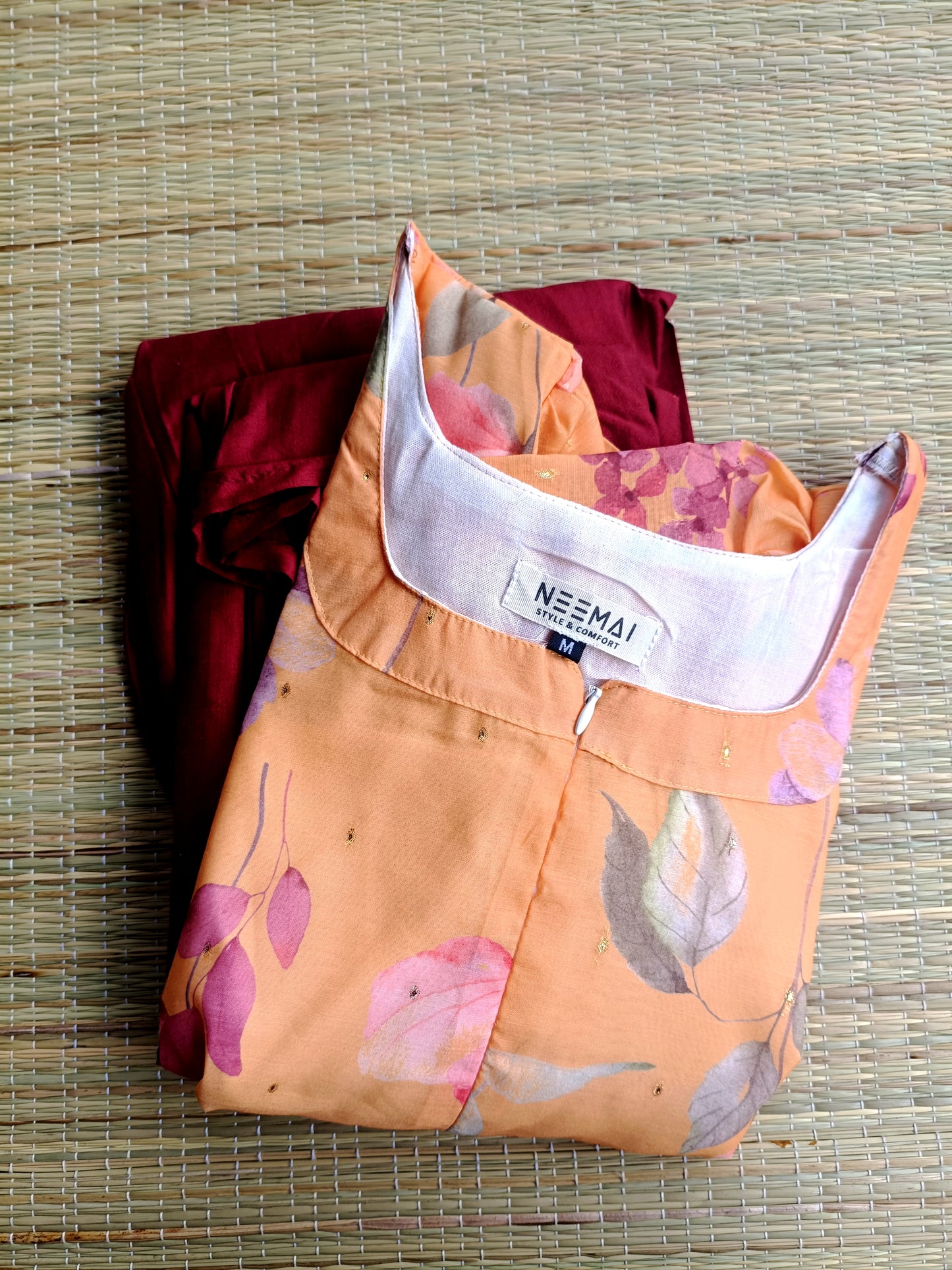 Raw silk Maternity Maxi/Gown in center zip - Festival Collection- Full cotton lining - Maroon with orange flower
