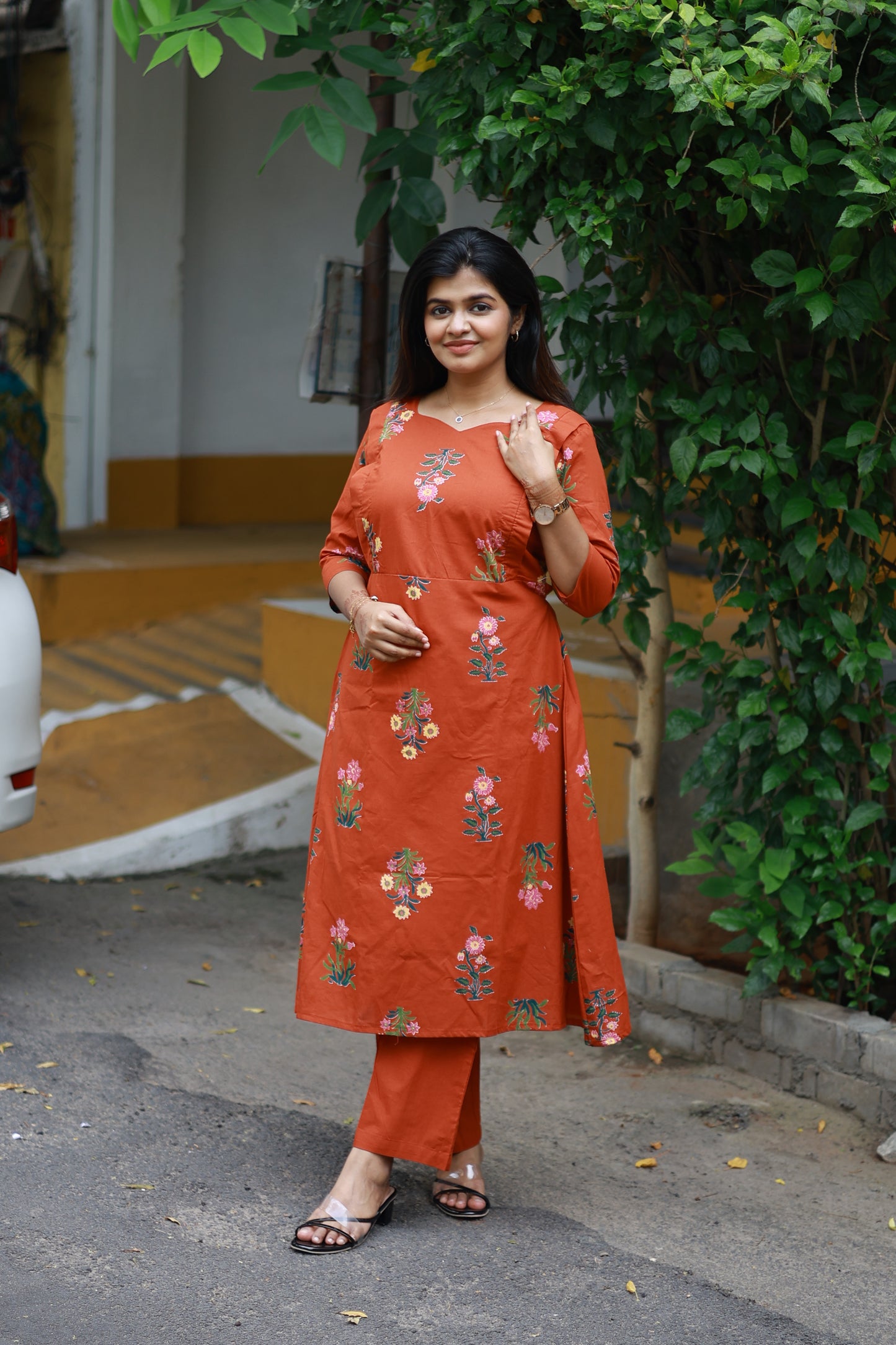 Pure Cotton/Maternity 3 pc chudidhar set [ A line Top with double side zip, pant and dupatta] - Earthy red ( No side open top)