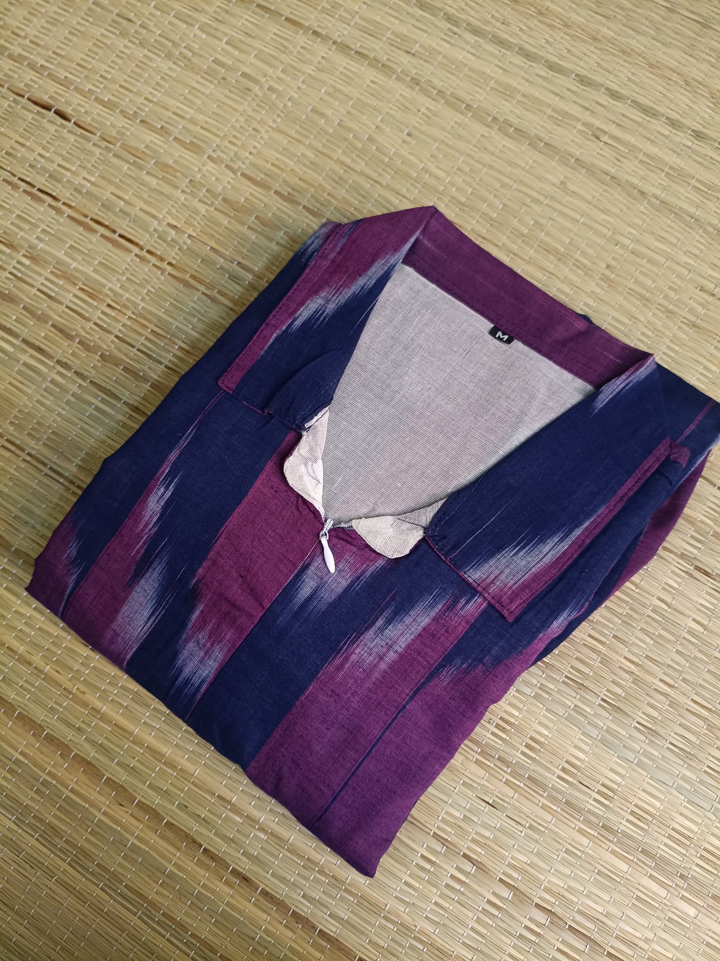 Ikkat Cotton Maternity Feeding Gown/ Maxi / Center zip– purple with Navy blue