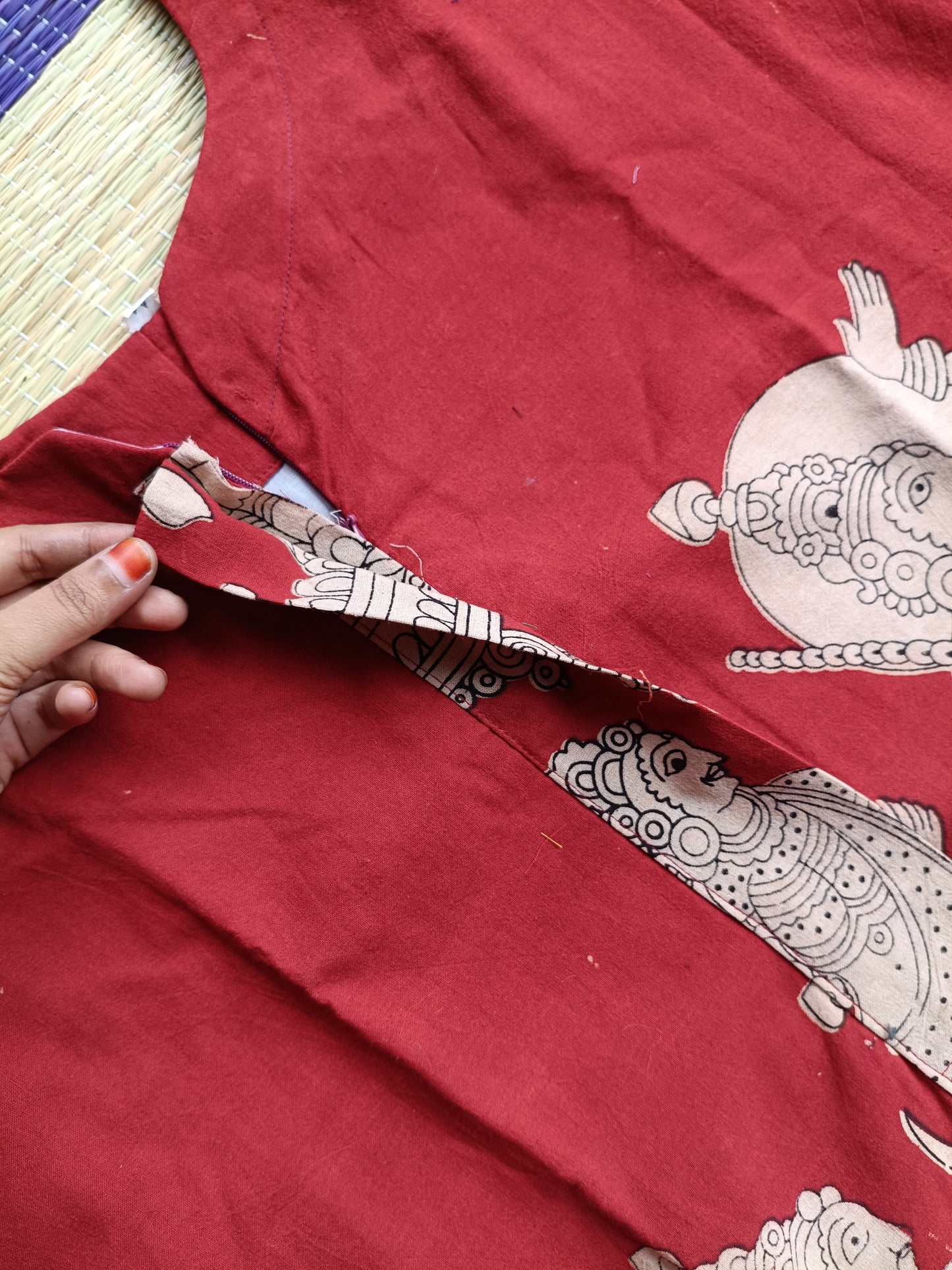 Block printed kalamkari cotton Maternity 2 pc chudidhar set [ Top with center side zip, and dupatta - Brown flower