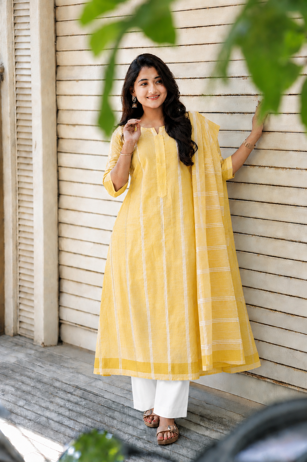 Cotton Maternity 2 pc chudidhar set [ Top with center zip and dupatta ] -A line Top - ( No side open top ) Yellow