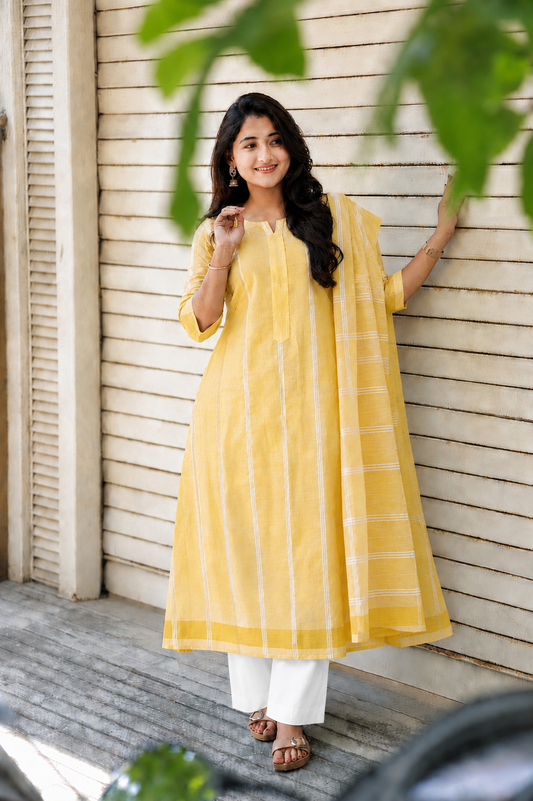 Cotton Maternity 2 pc chudidhar set [ Top with center zip and dupatta ] -A line Top - ( No side open top ) Yellow