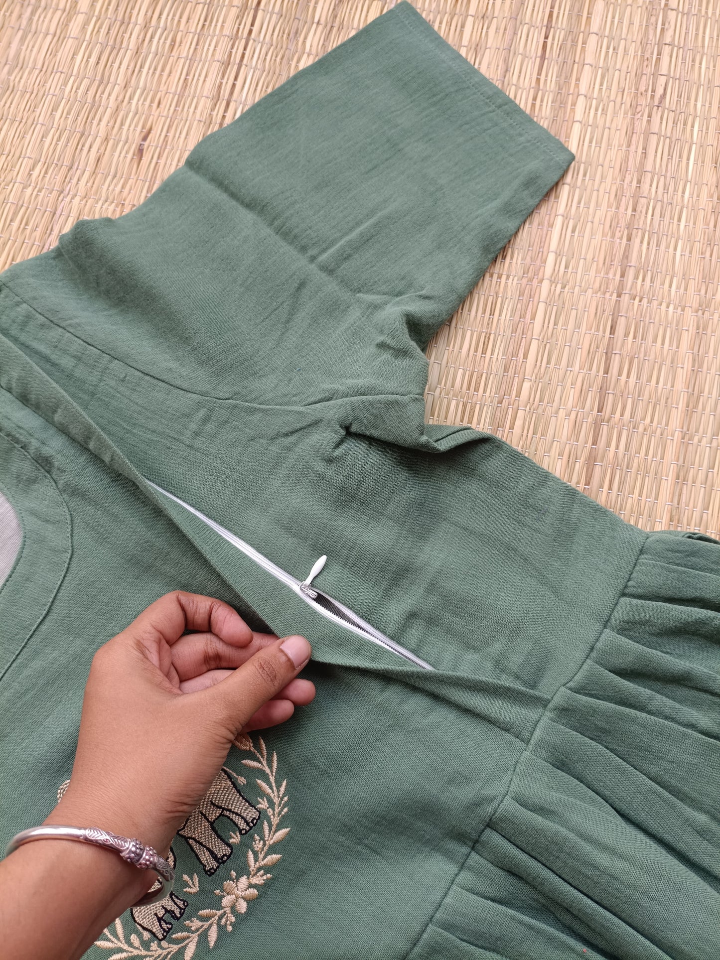 Muslin Cotton Maternity Feeding Dress – Green| Double Side Nursing Zip( elephant embroidery Design)