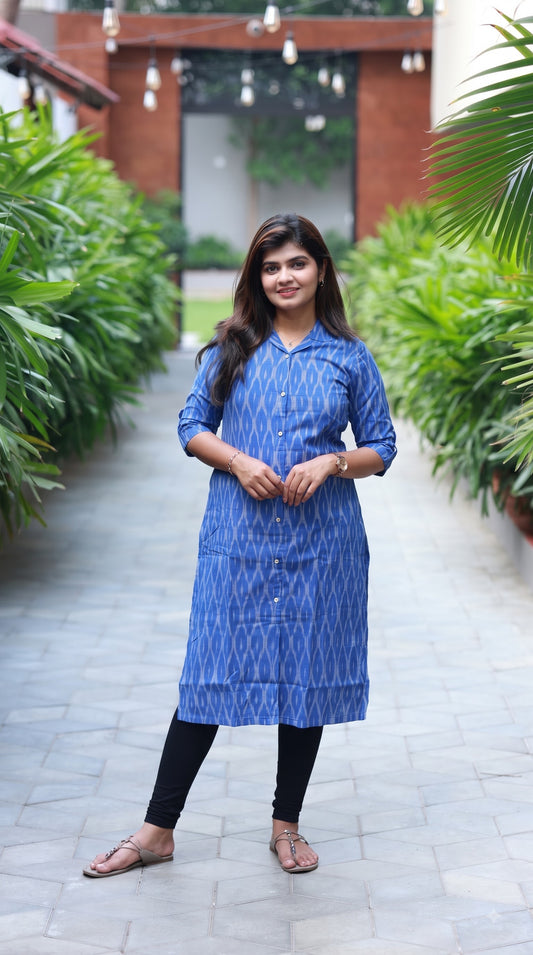 Feeding Top – Ikkat Blue | Center Buttons | Full cotton lining