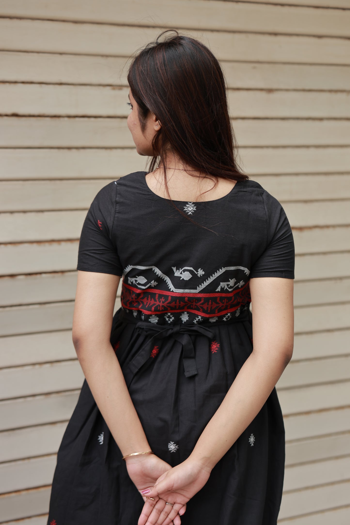 Handloom Jamdani - Maternity / Feeding - Maxi/Gown - Full Cotton Lining - Double side Zips - Black and white