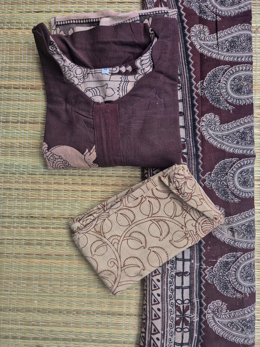 Block printed kalamkari cotton Maternity 3 pc chudidhar set [ Top with center zip, Pant and dupatta - Brown ( A line kurti -No side open)