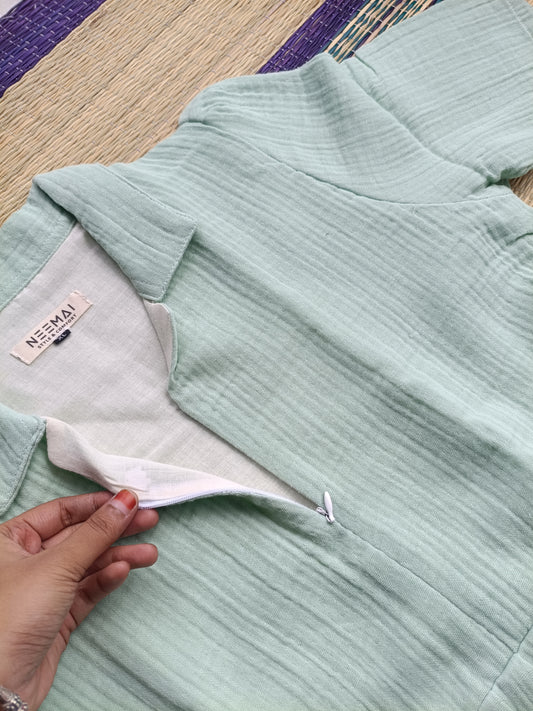 Premium Muslin - Feeding/ Maternity Maxi/Gown - Cotton lining /Center zip -Collar pista green