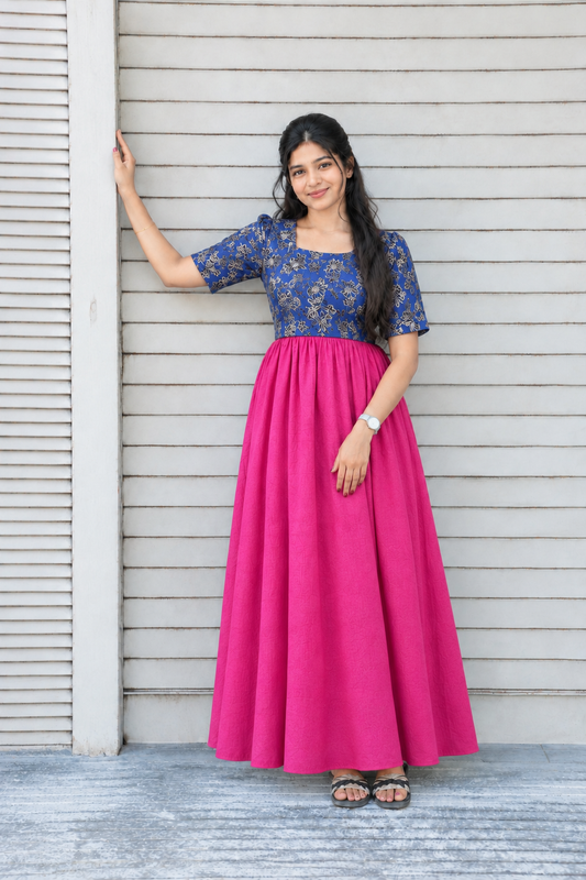 Raw silk Maternity Maxi/Gown in center zip - Festival Collection- Full cotton lining - Blue with pink