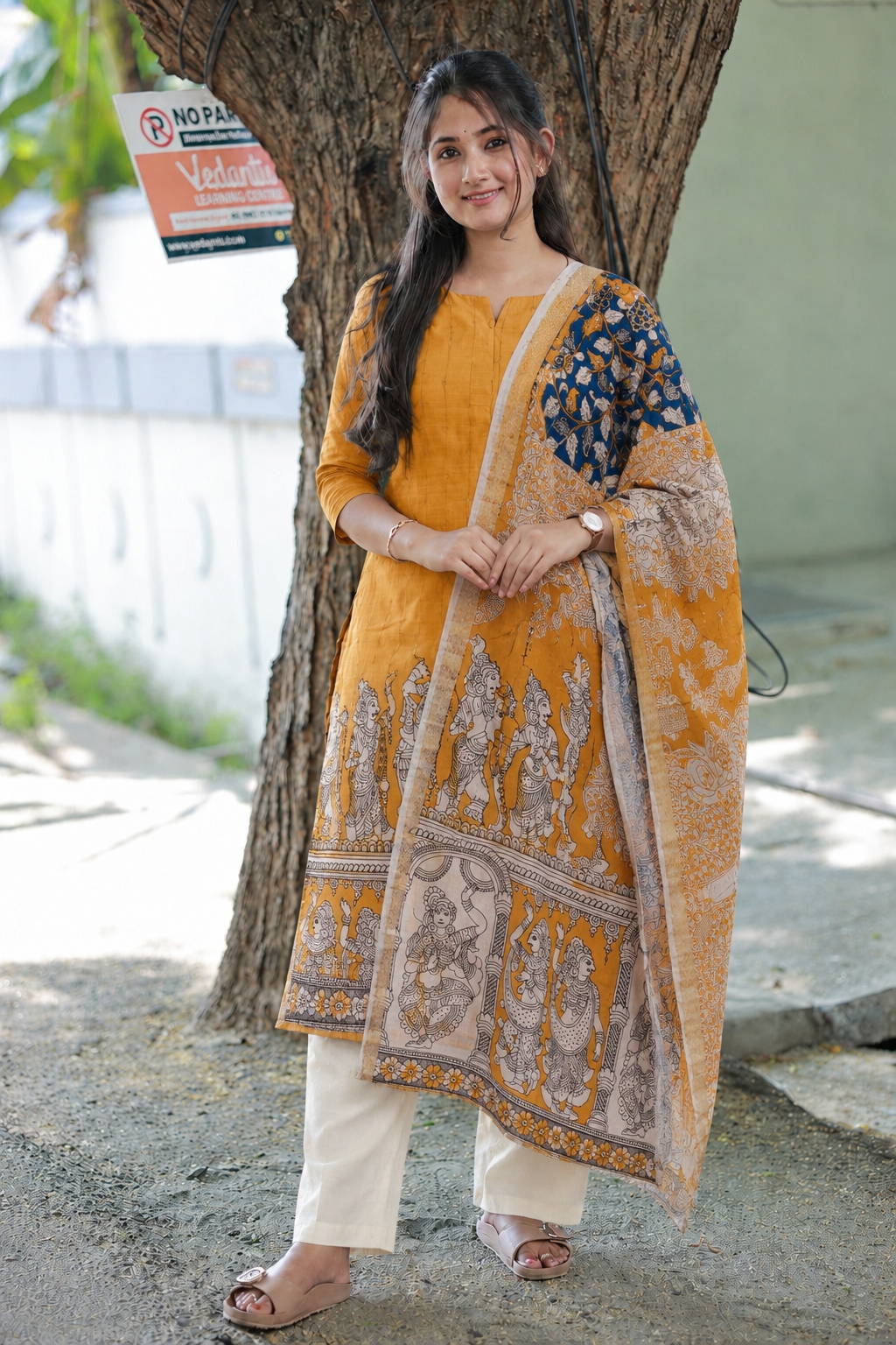 Block printed kalamkari cotton Maternity 2 pc chudidhar set [ Top with center zip, and dupatta - Yellow and blue Kalamkari