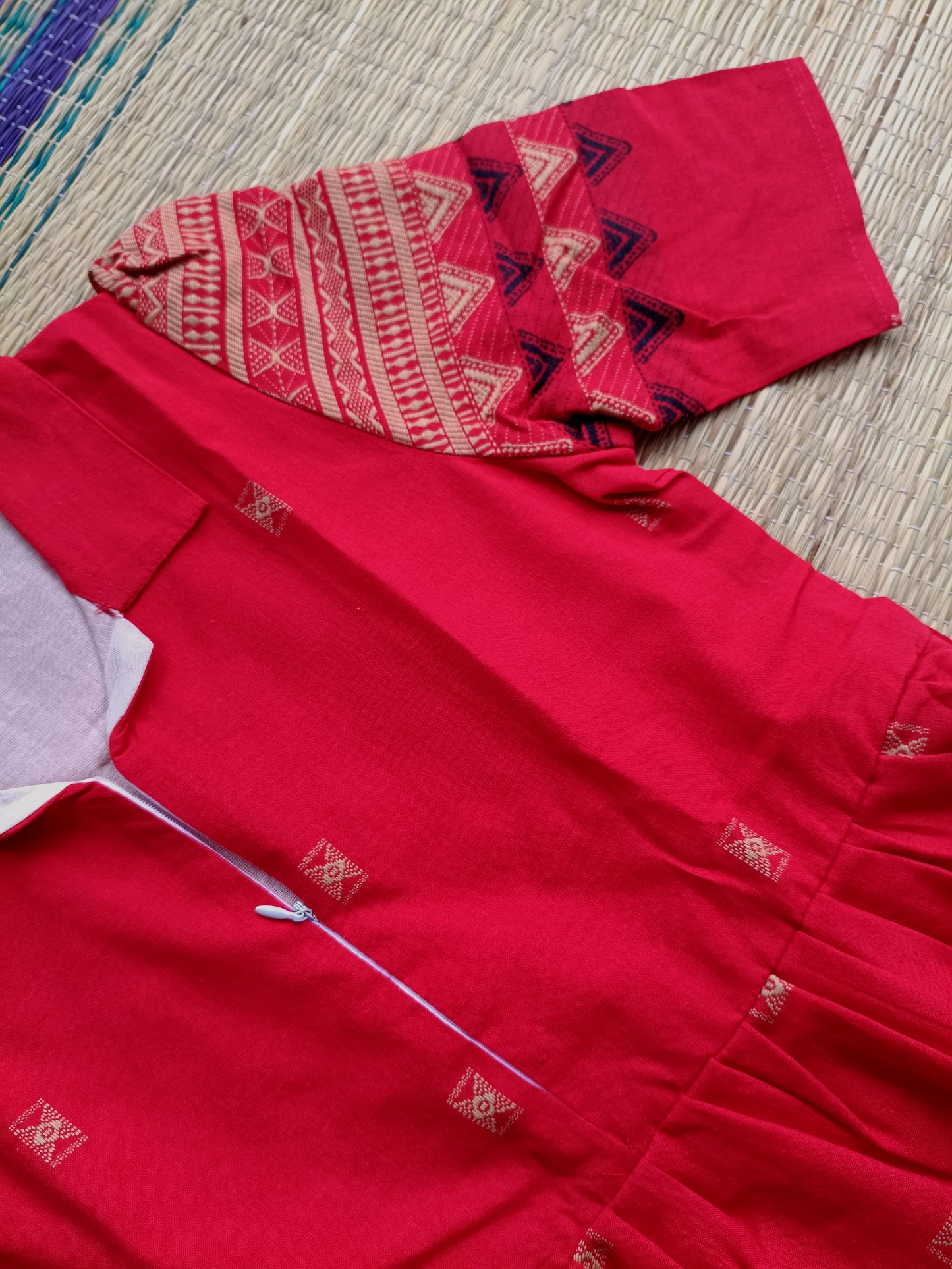 Handloom Jamdani - Maternity / Feeding - Maxi/Gown - Cotton Lining - Center zip- Collar Red and sandal