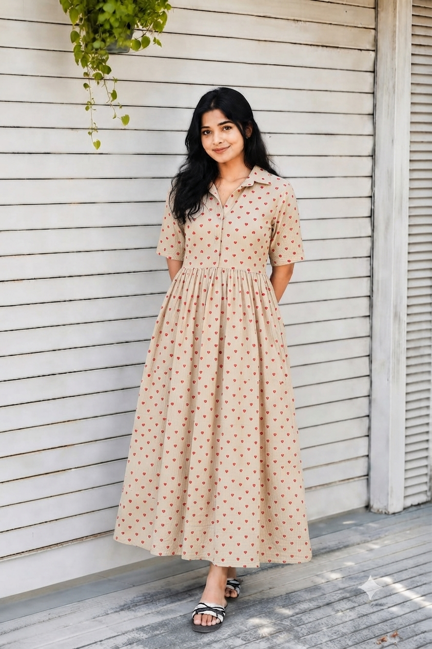 Premium Muslin - Feeding/ Maternity Maxi/Gown - Cotton lining /Center zip -Collar Sandal and red heart