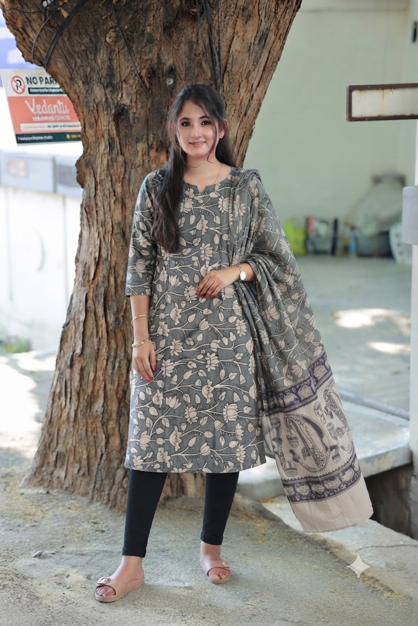 Block printed kalamkari cotton Maternity 2 pc chudidhar set [ Top with Double side zip, and dupatta - Grey Flower