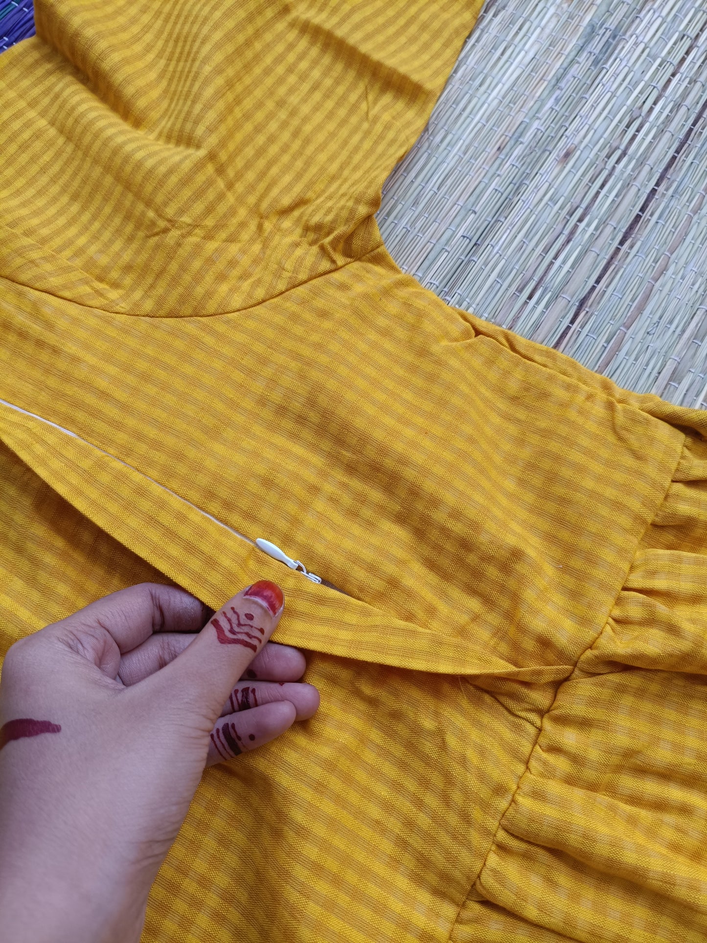 Mul Mul Cotton - Feeding/ Maternity Maxi/Gown - Cotton lining /Double side zip -  Yellow Checks