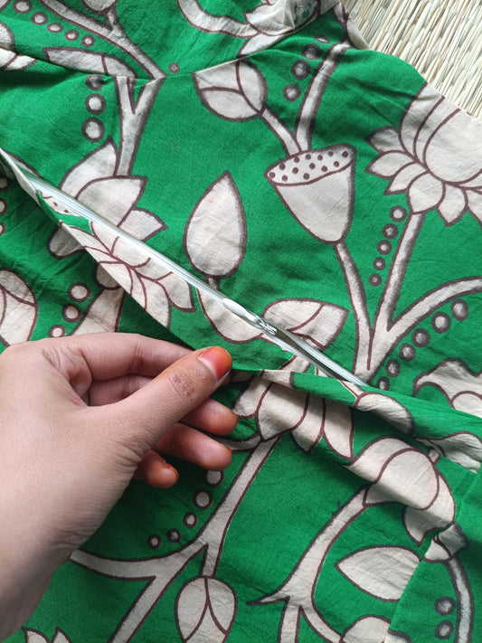 Block printed kalamkari cotton Maternity 2 pc chudidhar set [ Top with double side zip, and dupatta - Dark Green Flower
