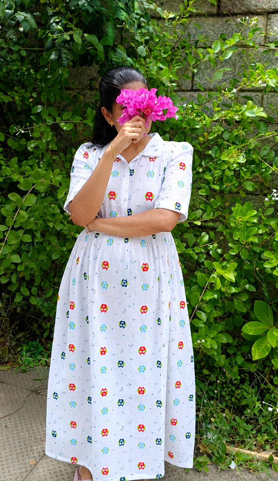 Premium Muslin - Feeding/ Maternity Maxi/Gown - Cotton lining with Center zip -Collar color owl 🦉