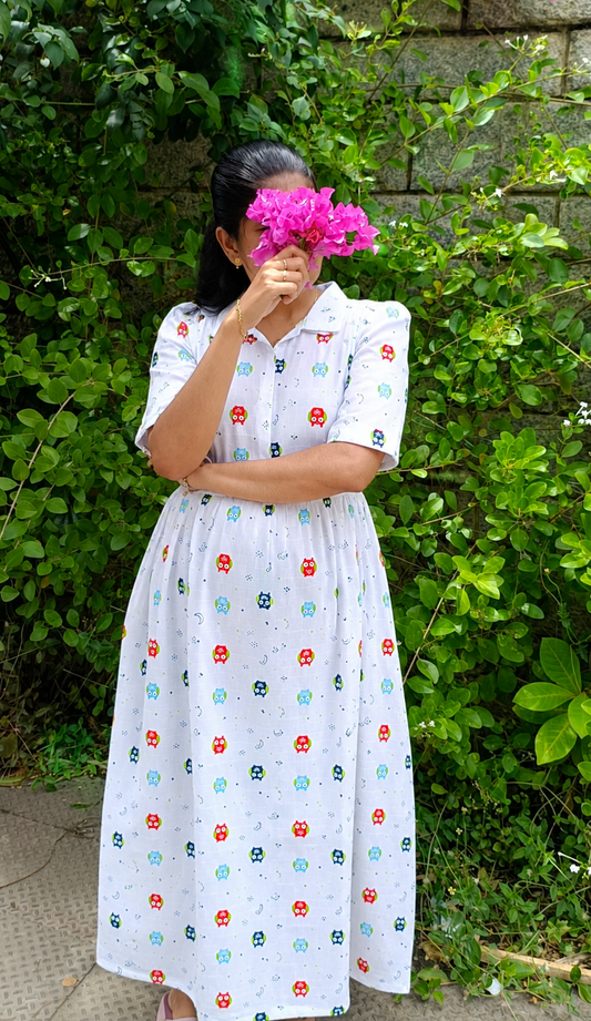 Premium Muslin - Feeding/ Maternity Maxi/Gown - Cotton lining with Center zip -Collar color owl 🦉