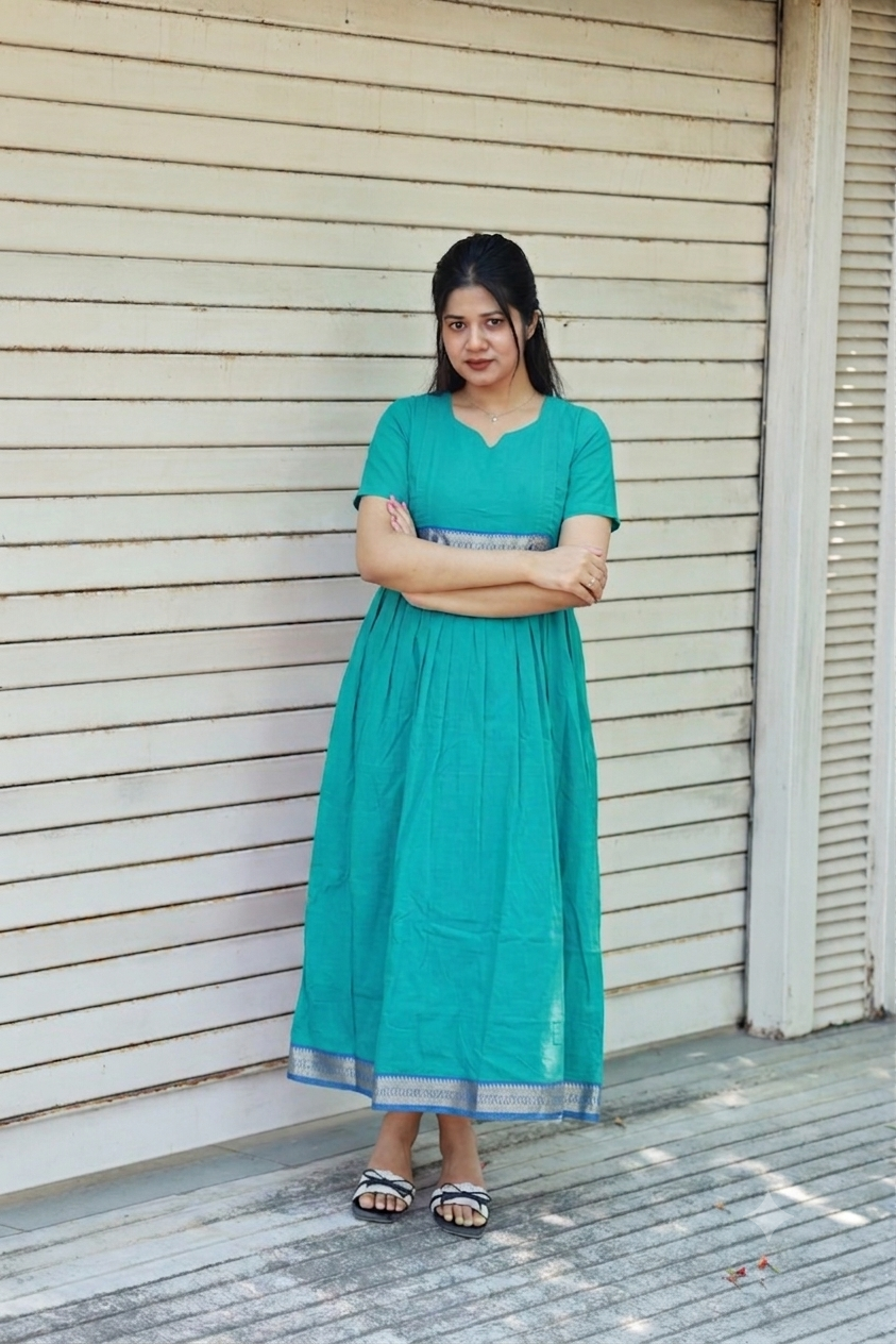Handloom cotton - Maternity / Feeding - Maxi/Gown - Cotton Lining - Double side Zips - ramar green