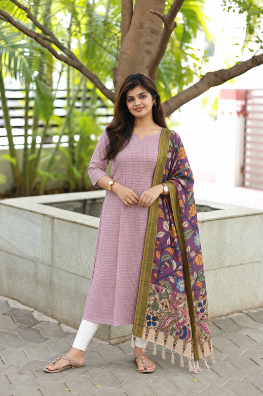 Raw Silk Maternity 2 Pc Chudidhar Set – Rose gold checks/Double side Zip (Side Open Top + Dupatta)