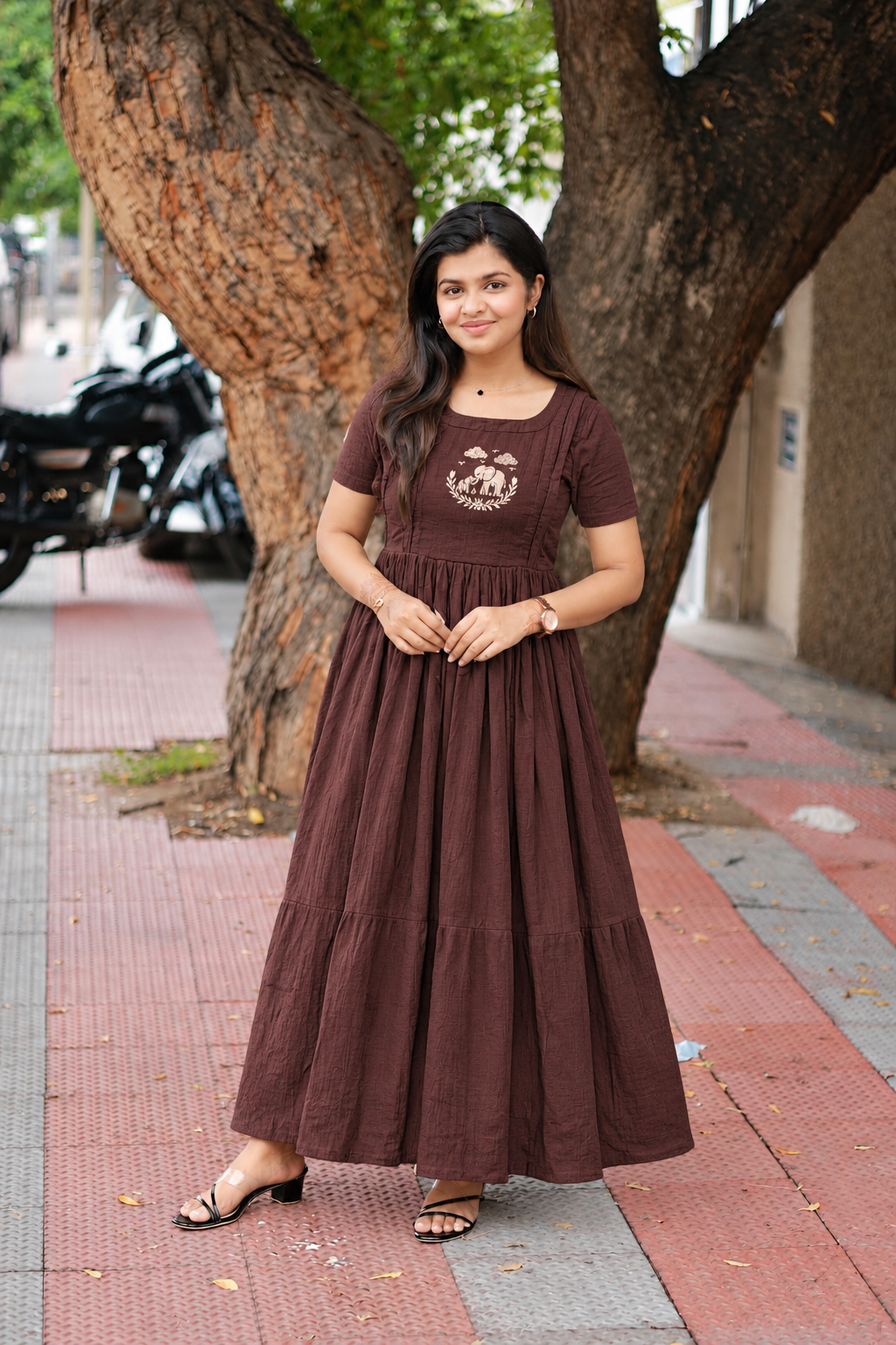 Muslin Cotton Maternity Feeding Dress – Brown| Double Side Nursing Zip( elephant embroidery Design)