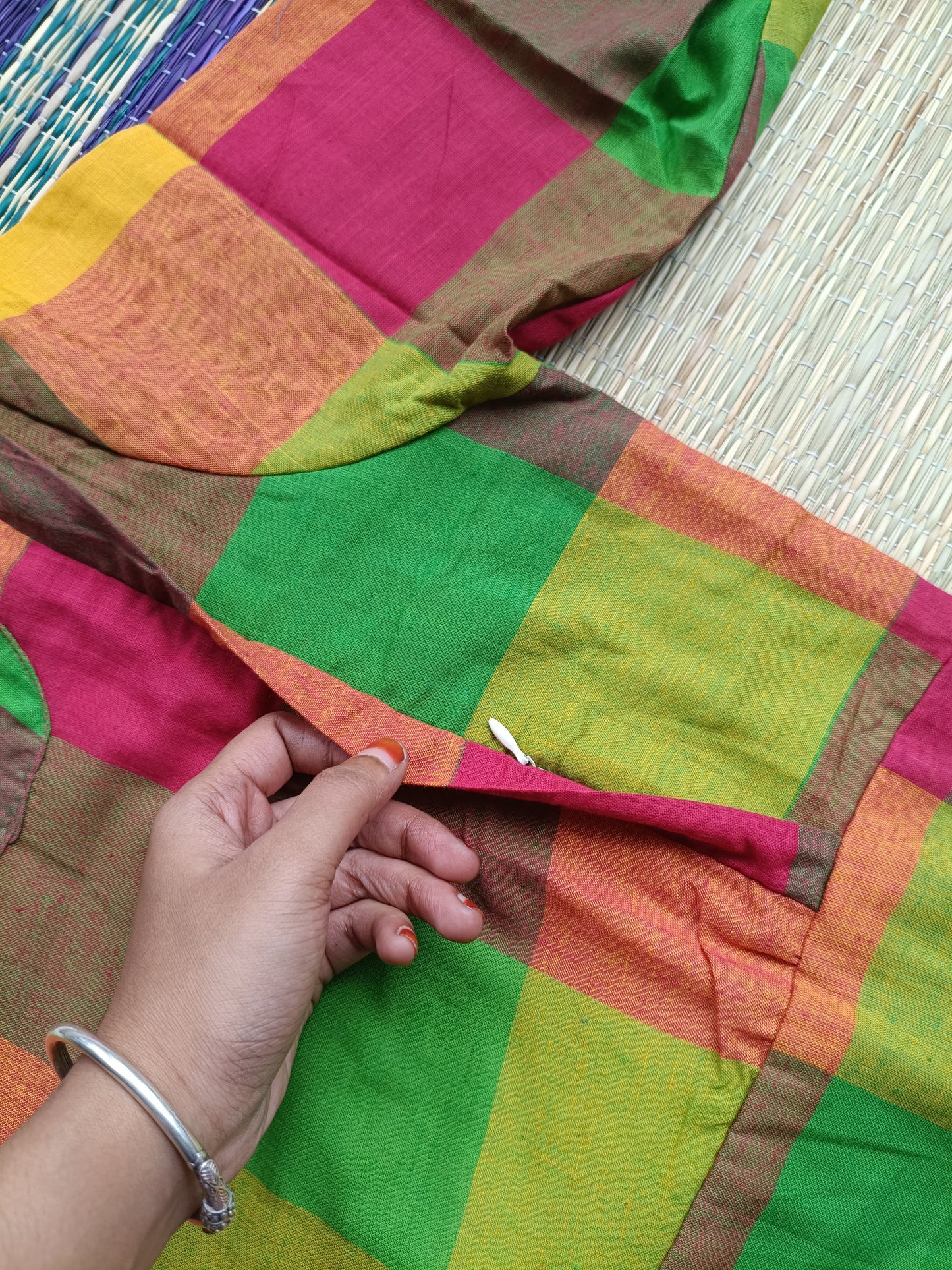Madras check/ cotton Maternity 2 pc chudidhar set [ Top with double side zip, and Pant - Pink, Green and yellow