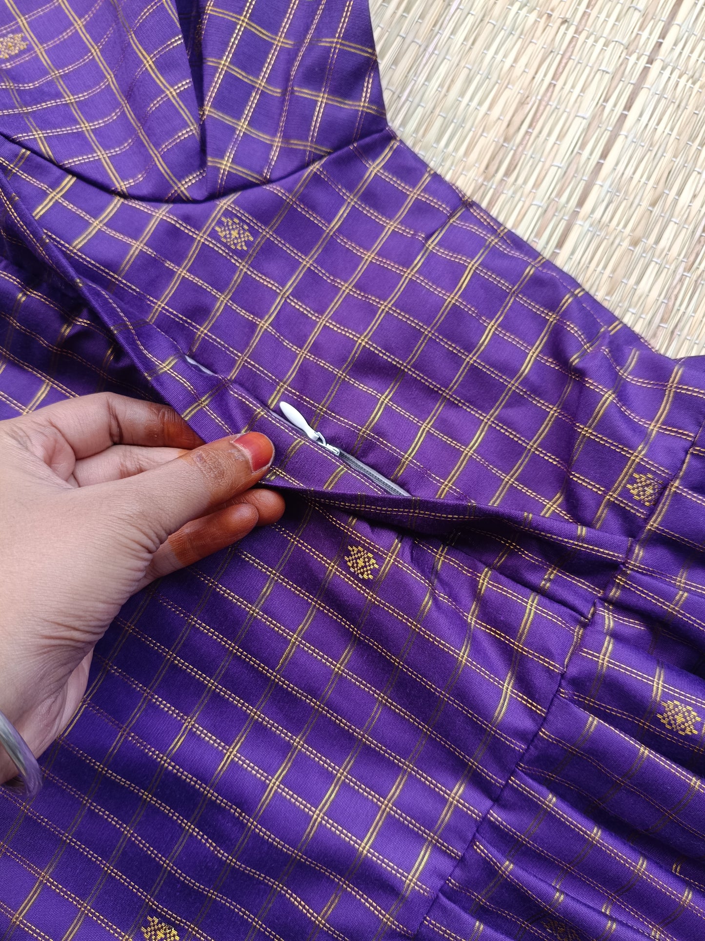 Raw silk Maternity Maxi/Gown - Festival Collection - Chettinad purple checks