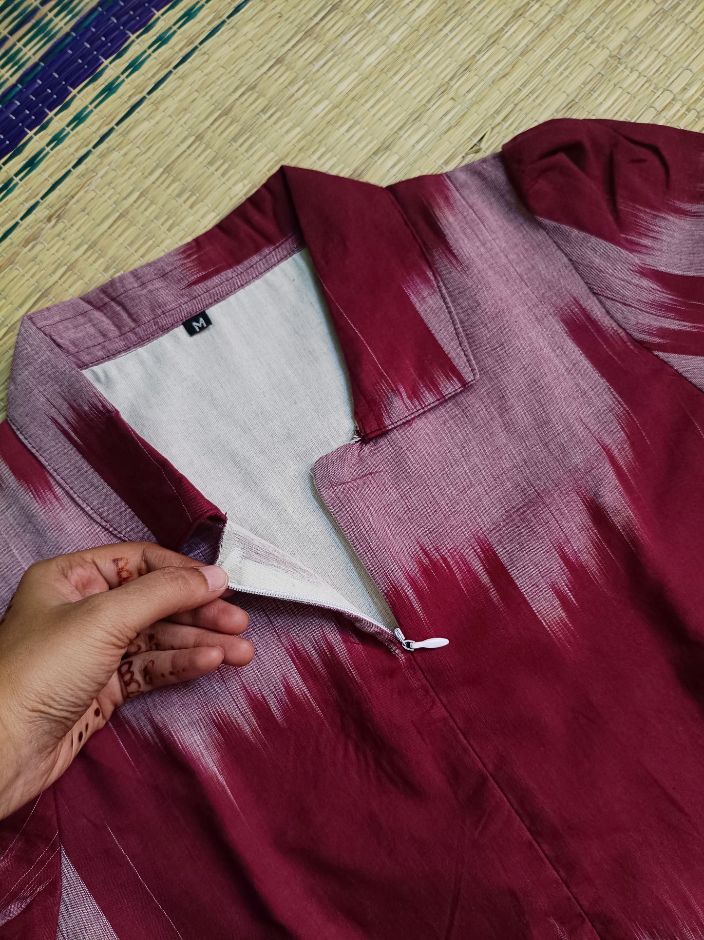 Ikkat Cotton Maternity Feeding Gown/ Maxi / Center  zip– Maroon with pink