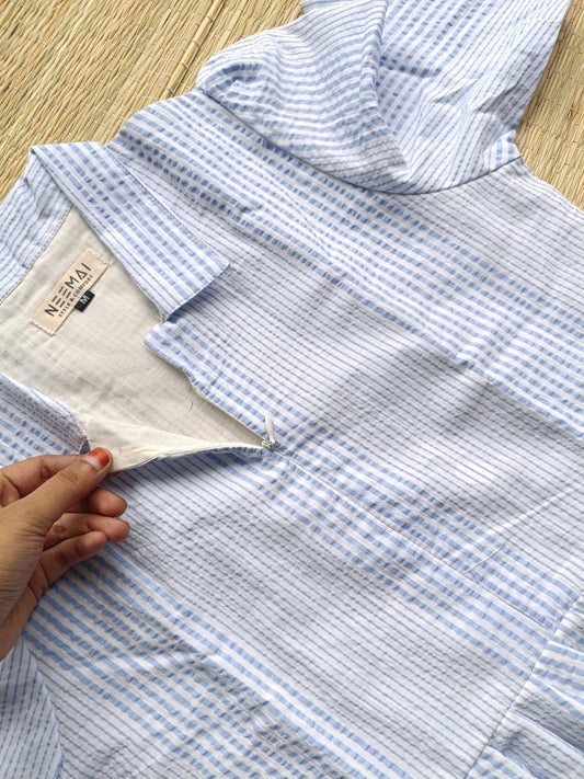 Prewashed handloom Cotton - Feeding/ Maternity Maxi/Gown - Cotton lining /Center zip -Collar Blue and white stripe