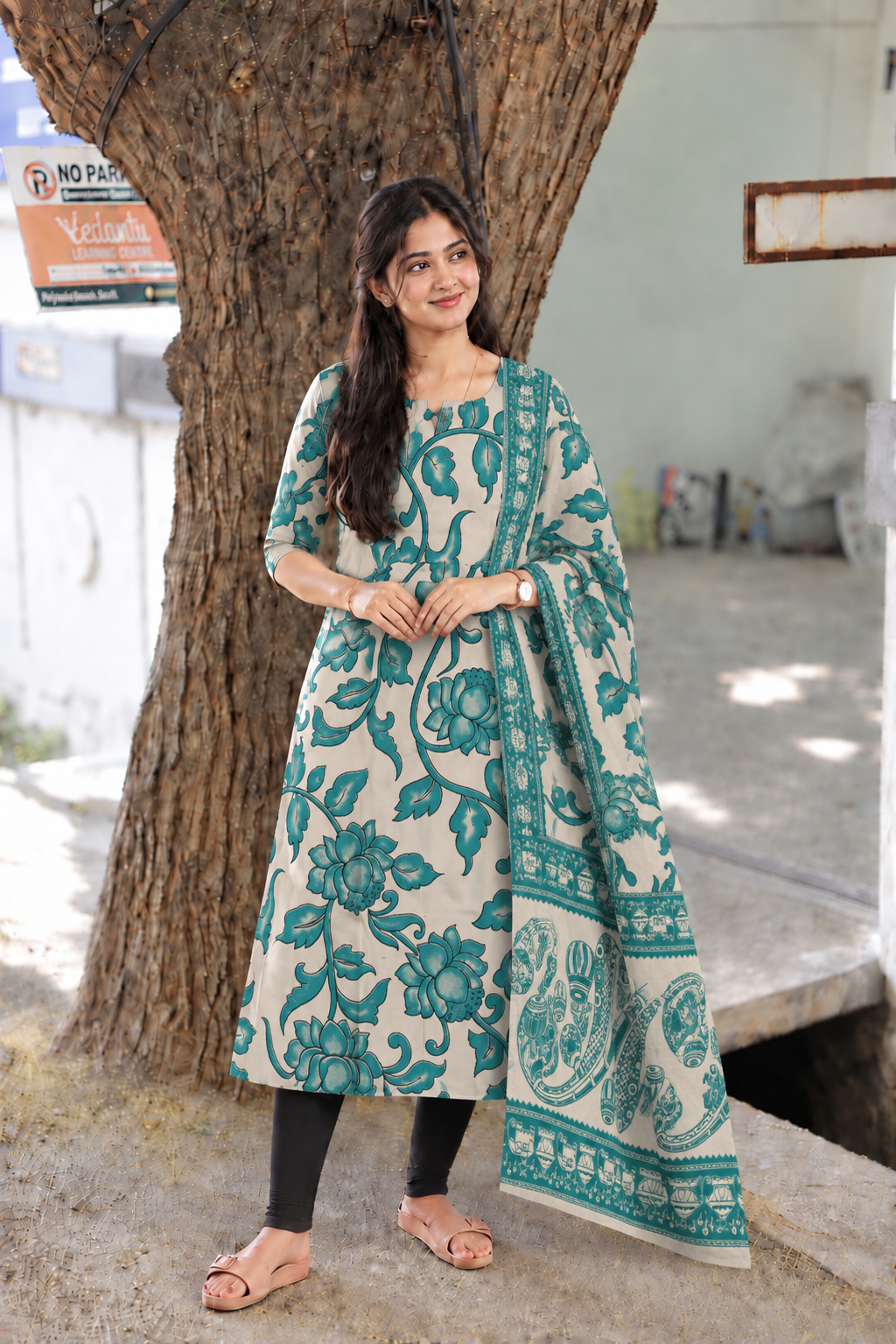 Block printed kalamkari cotton Maternity 2 pc chudidhar set [ Top with double side zip, and dupatta - Green Flower