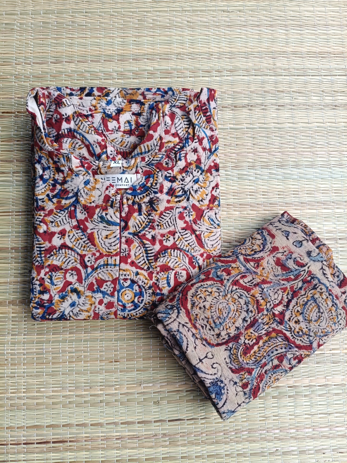 Block printed kalamkari cotton Maternity 2 pc chudidhar set [ Top with center side zip, and dupatta - Leaf red kalamkari (side open top)