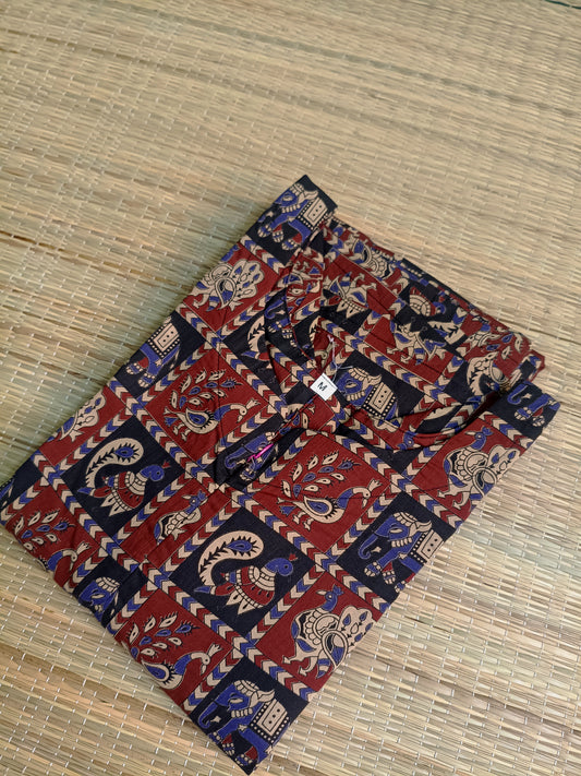 Kalamkari Cotton  A line Maternity Feeding Kurti /Center Zip(Dress length 45 inches)- Peacock Box