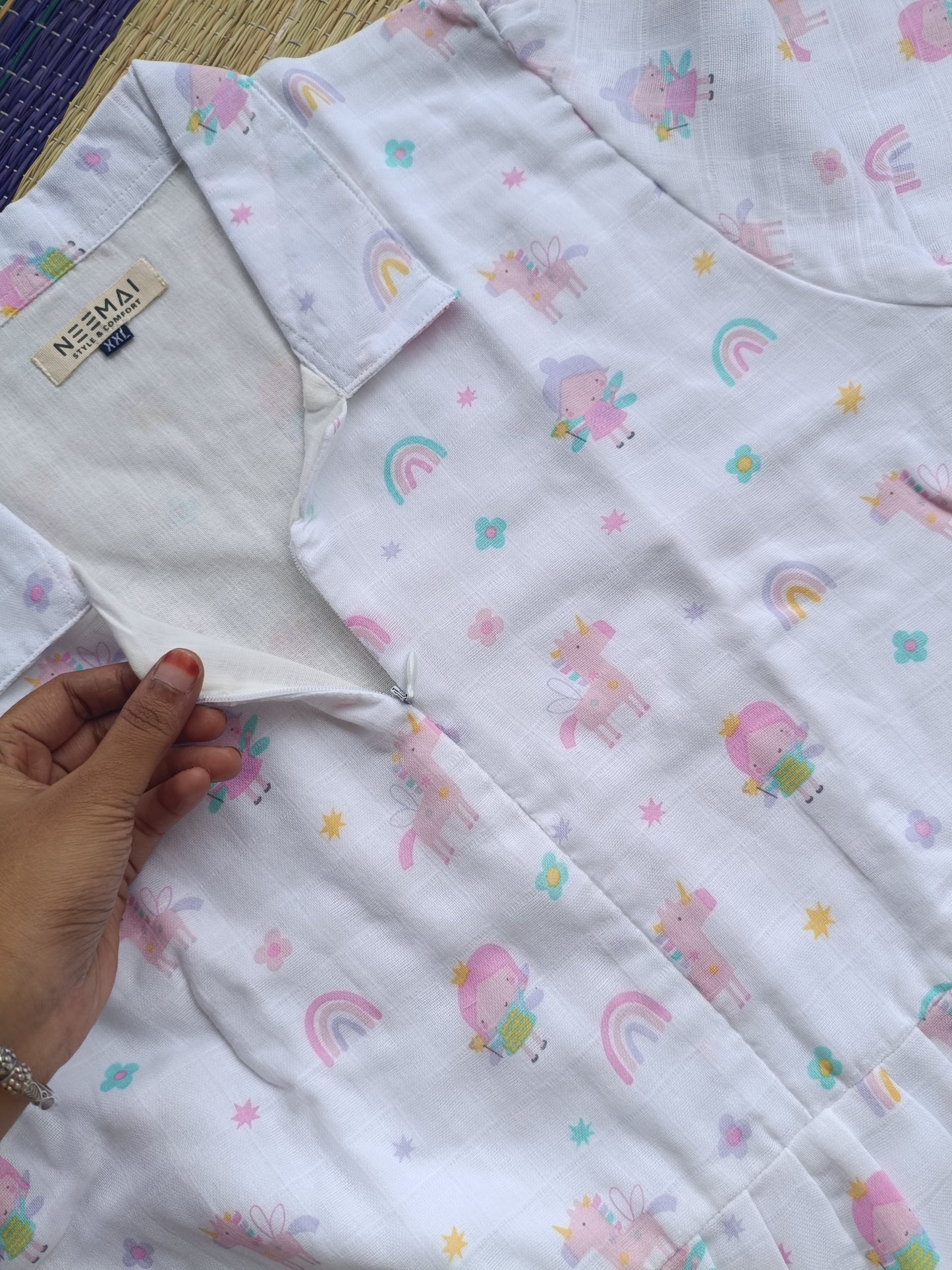 Premium  Muslin- Feeding/ Maternity Maxi/Gown - Cotton lining  / Center zip - Unicorn🦄