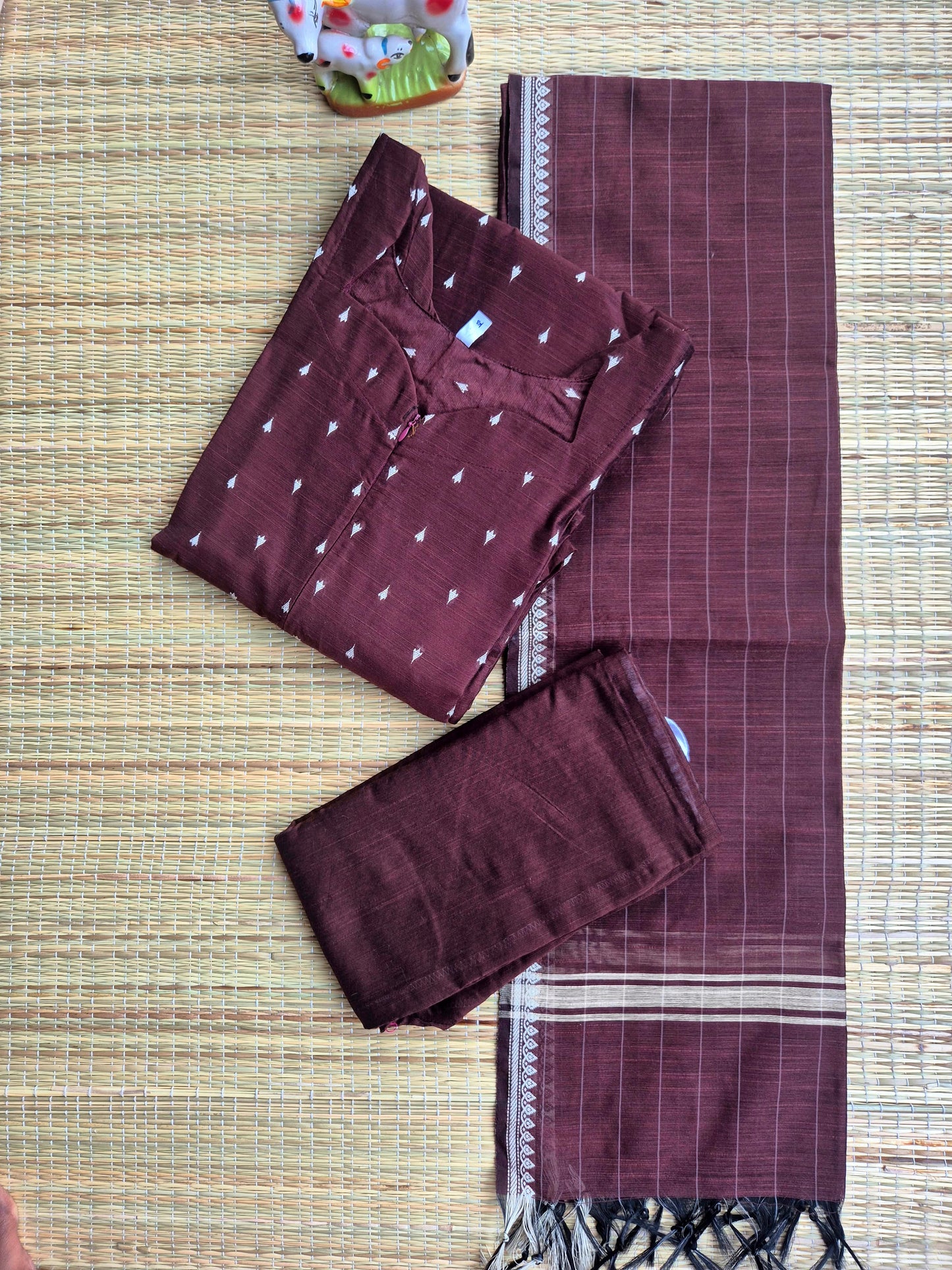 Raw Silk Maternity 3 Pc Chudidhar Set – Brown (Center Zip, No Side Top)
